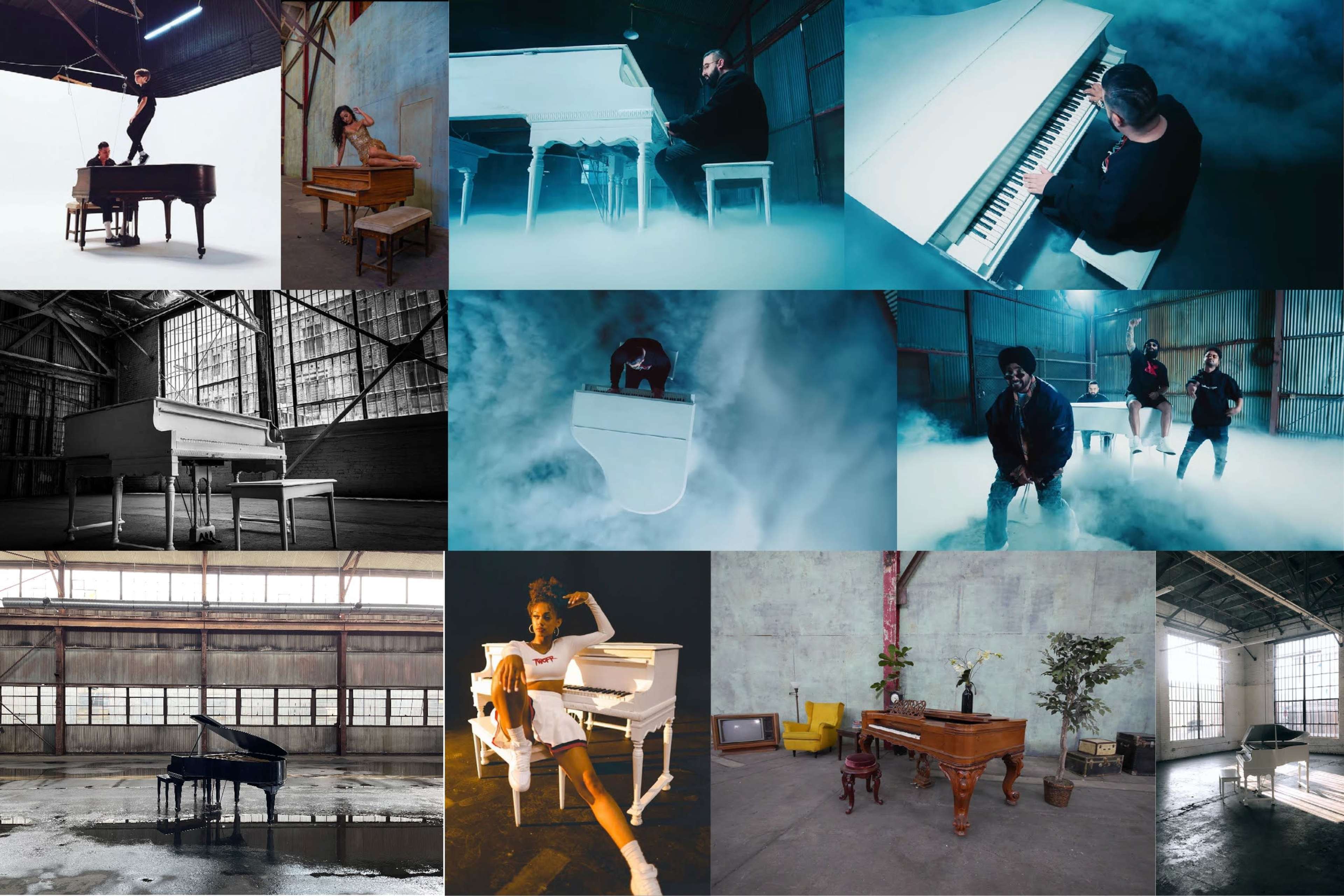 The image features various scenes of white and black pianos placed in distinct industrial settings, with different individuals playing or posing near the instruments.