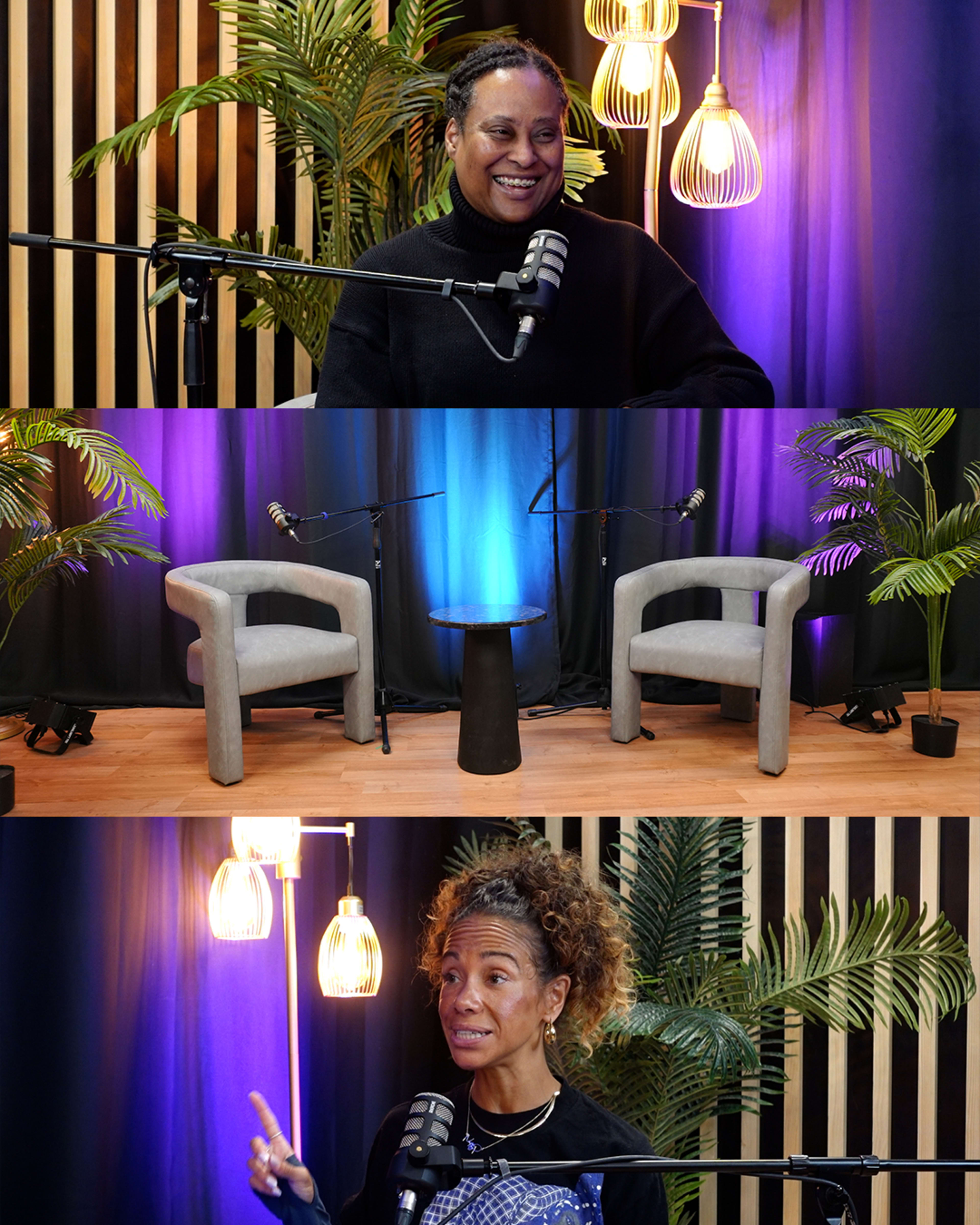 The image shows two sections: one featuring a woman speaking into a microphone, and another featuring empty chairs with a small table and decorative plants, indicating a discussion or interview setting.