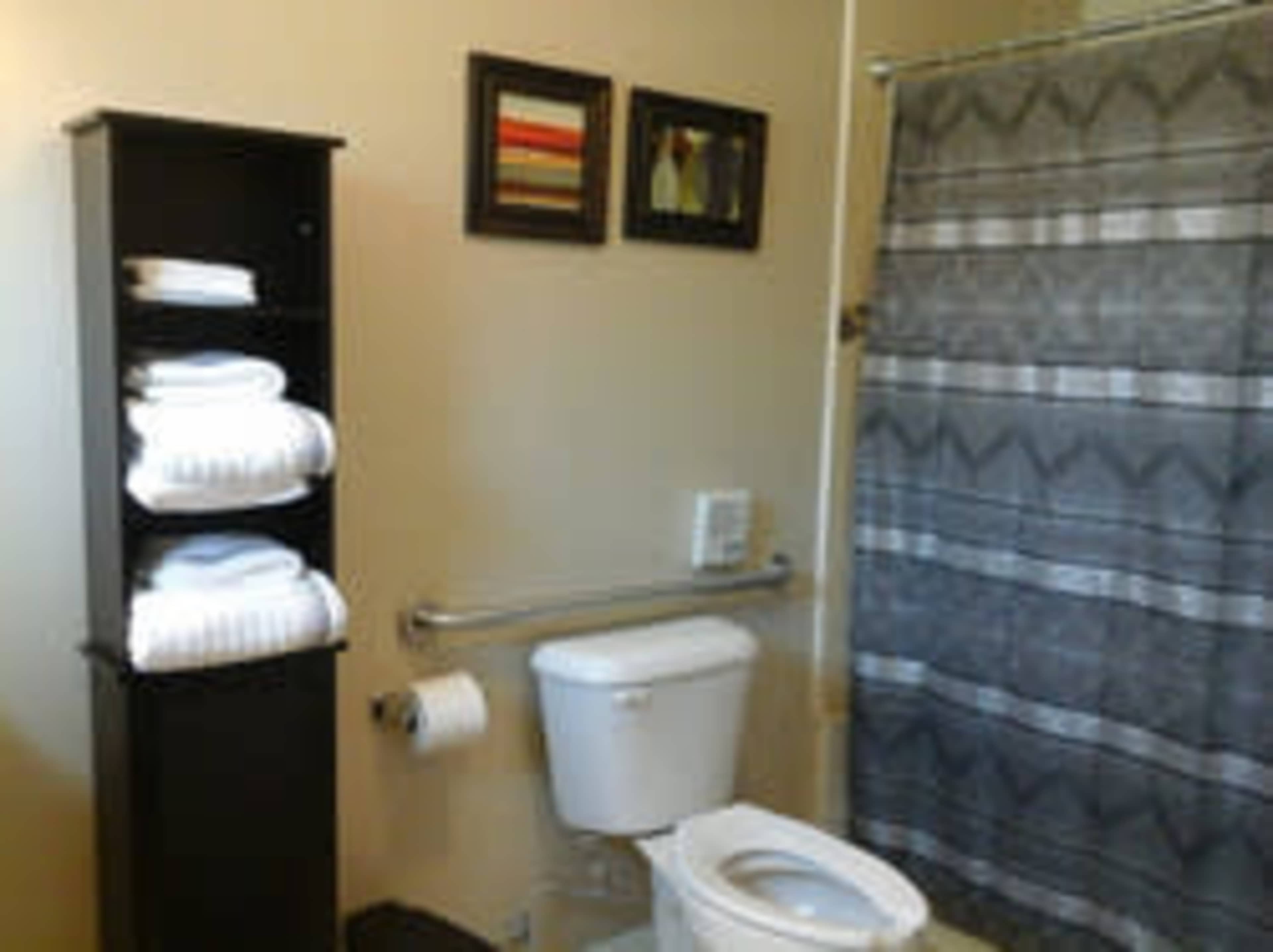 A bathroom features a black shelving unit with stacked white towels, a toilet, and a shower with a patterned curtain.