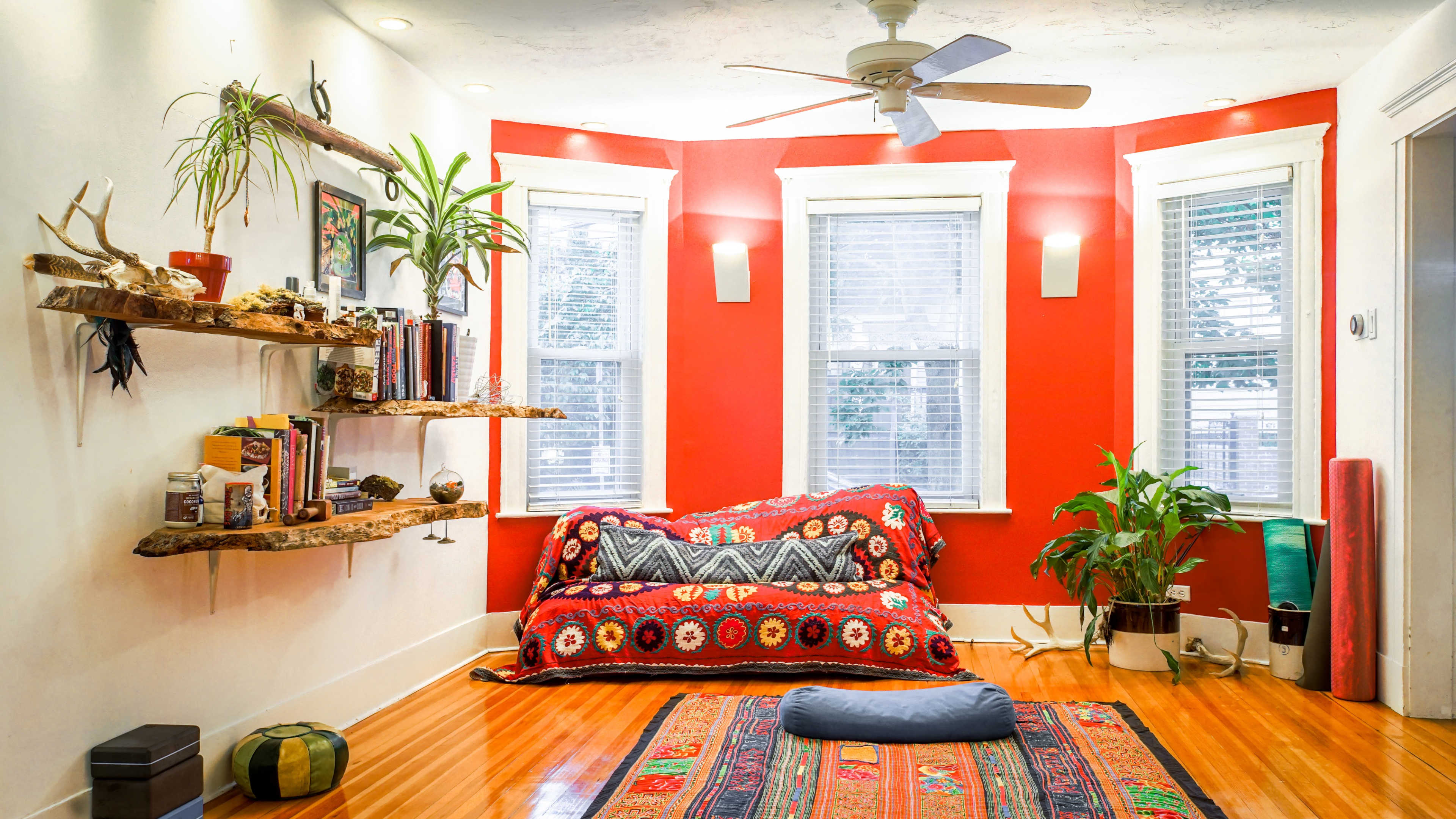 A bright room with red and white walls, featuring a daybed with a colorful blanket, a wooden shelf with books and decorative items, and plants near the windows.
