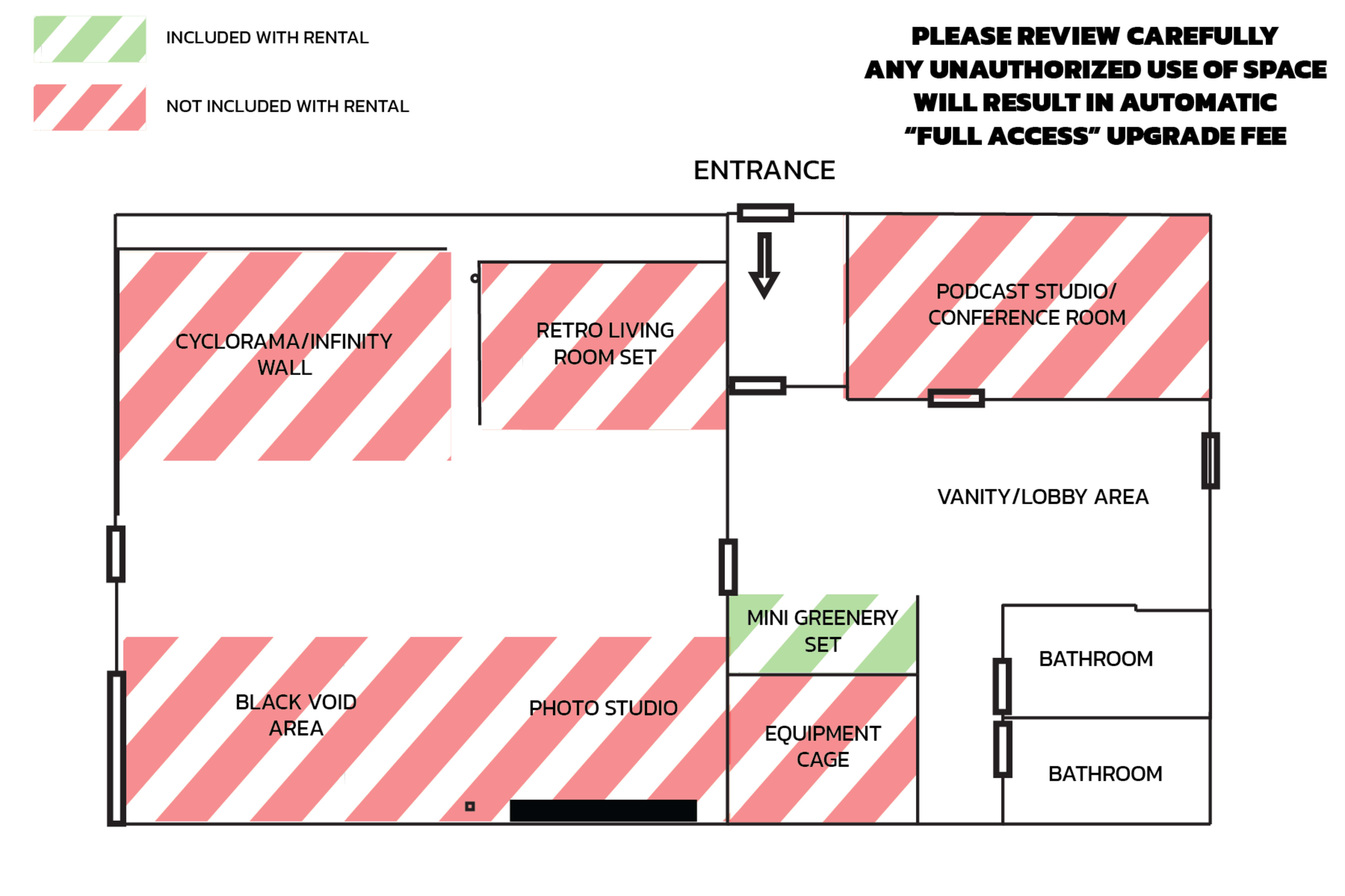 The diagram outlines the layout of a rental space, indicating areas included and not included with rental, and designating specific rooms such as the podcast studio, conference room, and various other areas.