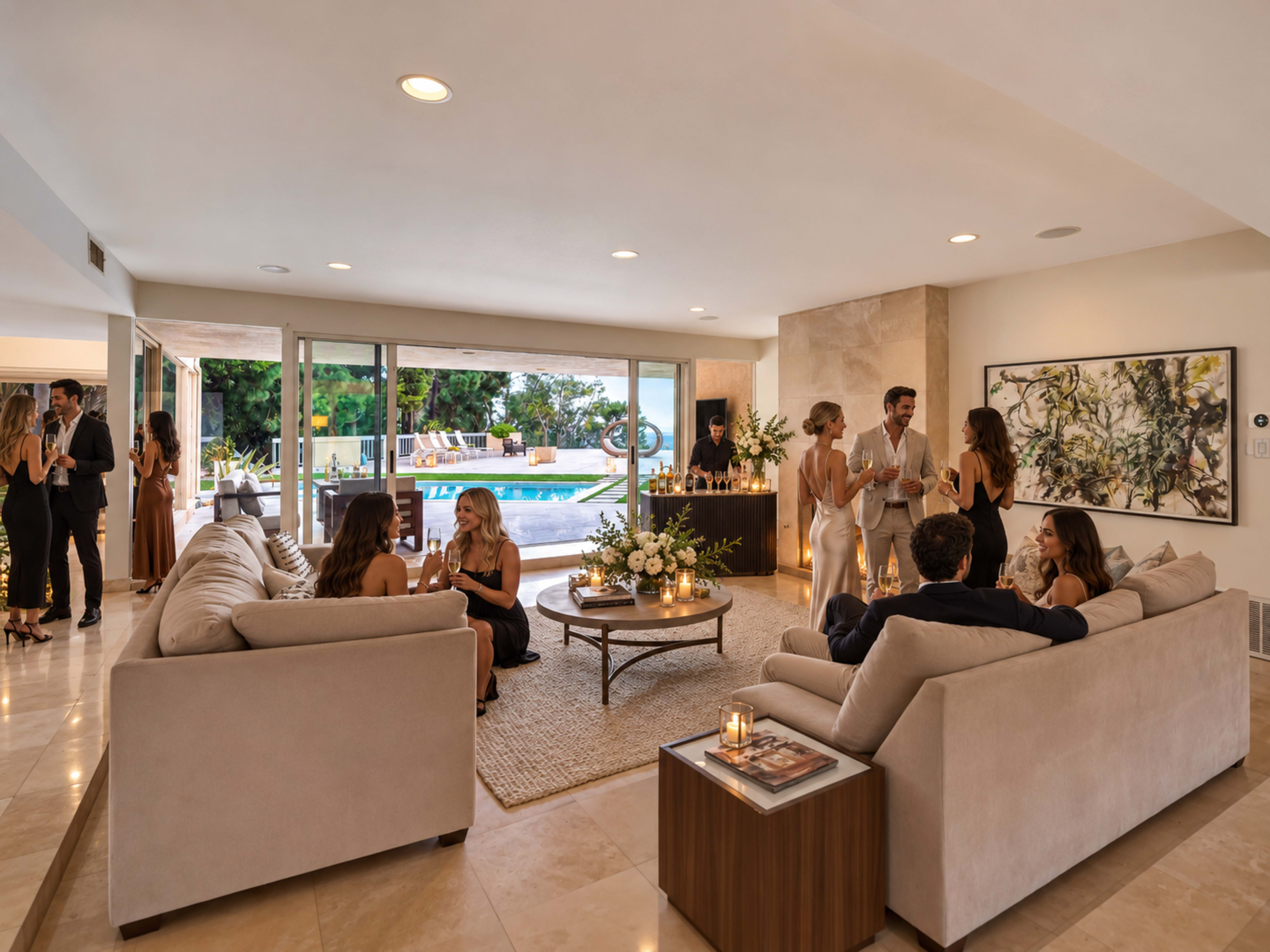 A modern, open-concept living room features two sofas, a coffee table with floral arrangements, and guests mingling while a large glass door offers a view of an outdoor pool.