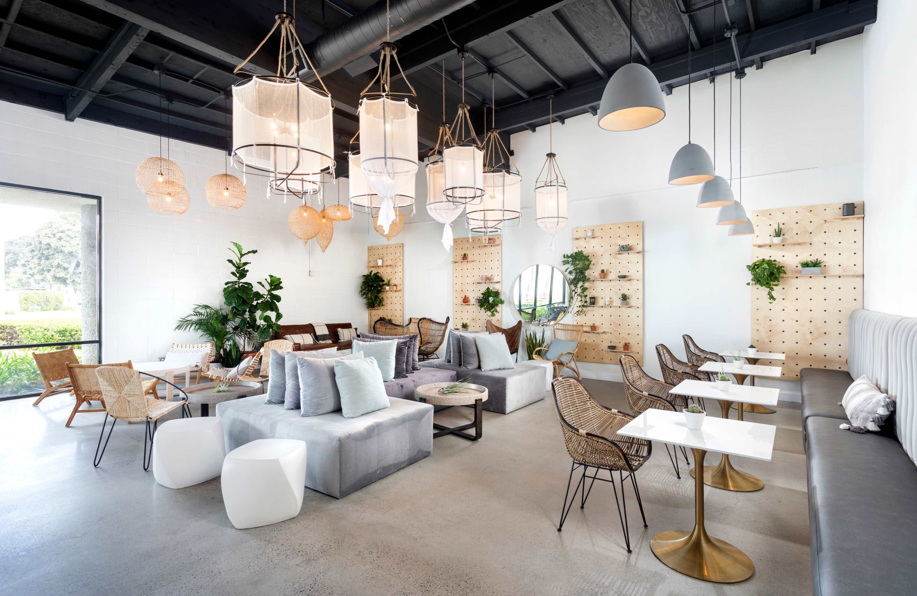 A modern café interior featuring a variety of seating arrangements, decorative lighting, plants, and a minimalist design.