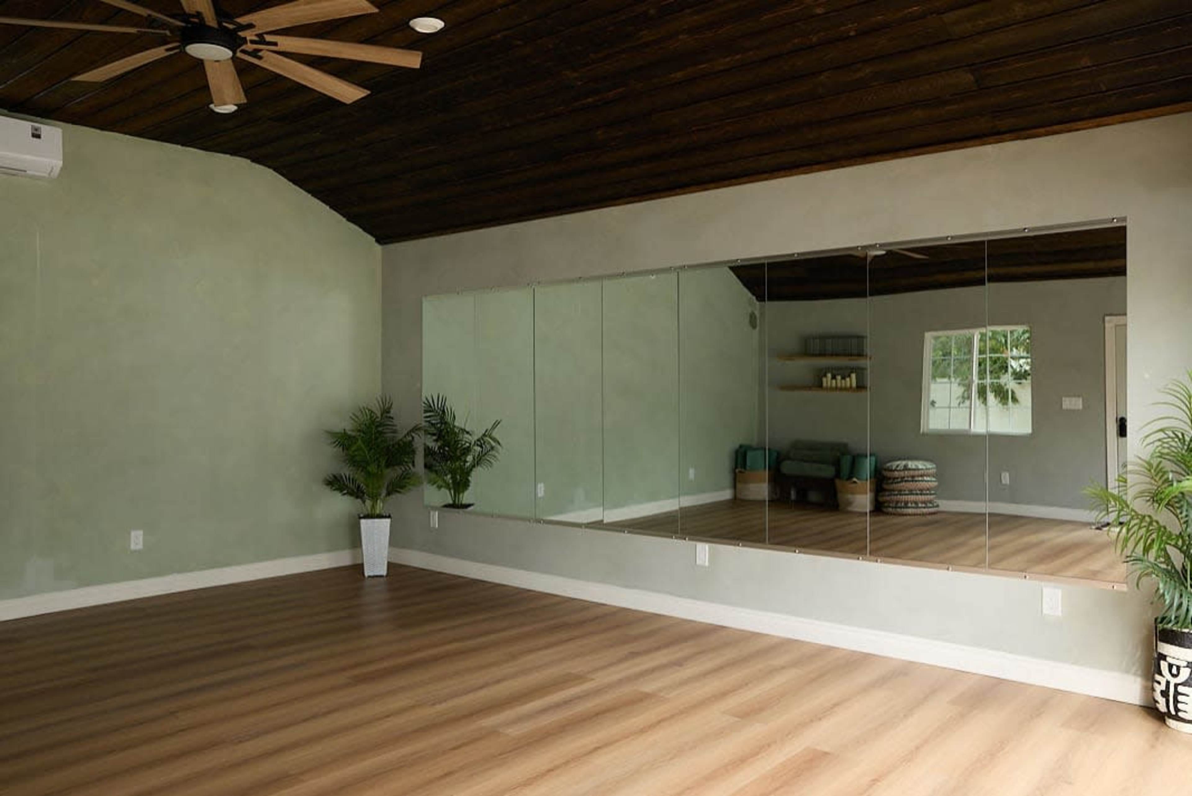 The image shows a spacious room with a wooden ceiling, a large mirror on one wall, and minimalistic furnishings, including a couch and decorative plants.