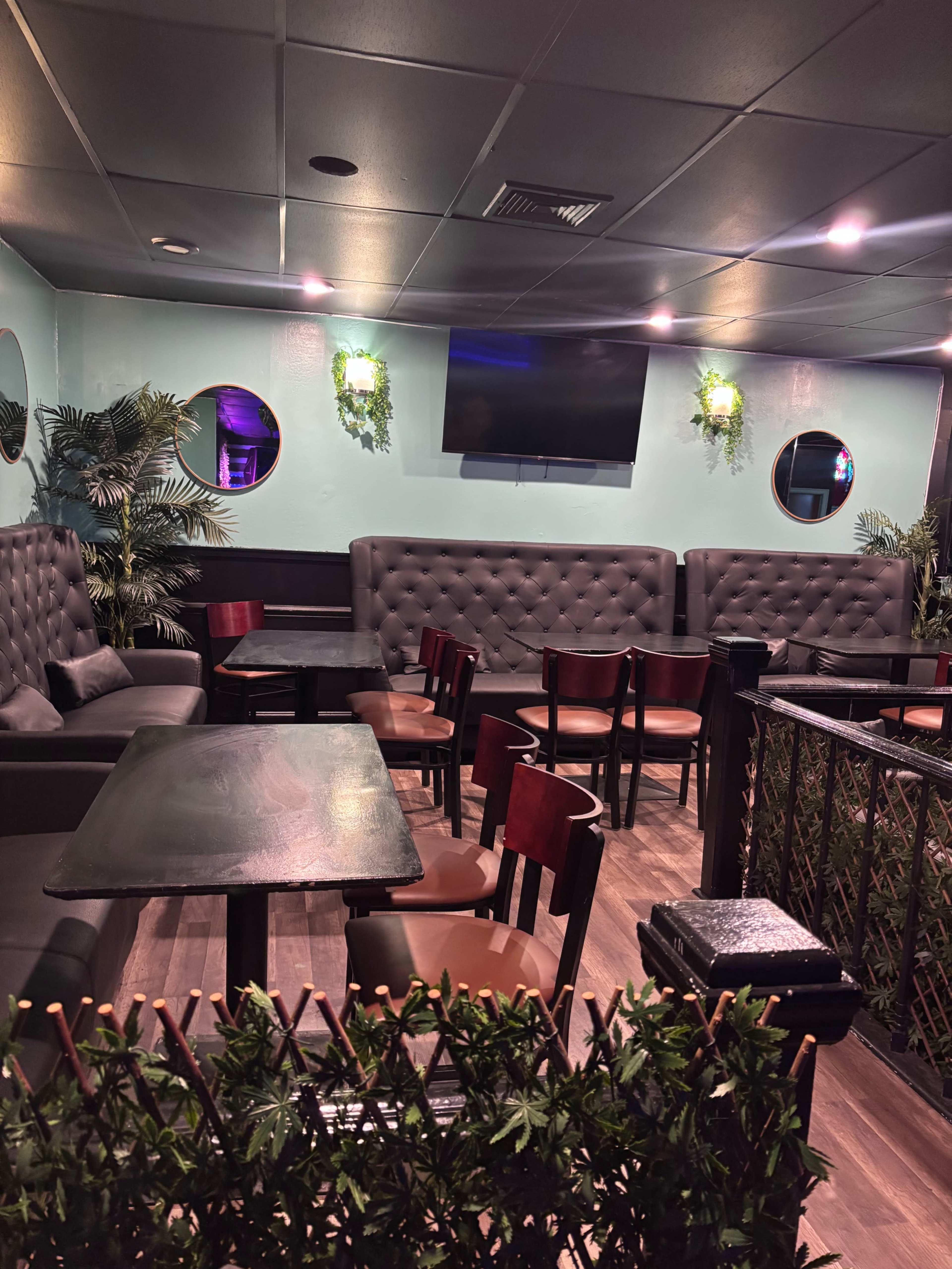 The image shows a small lounge area with tufted black seating, wooden tables, and a television mounted on the wall, surrounded by decorative plants.