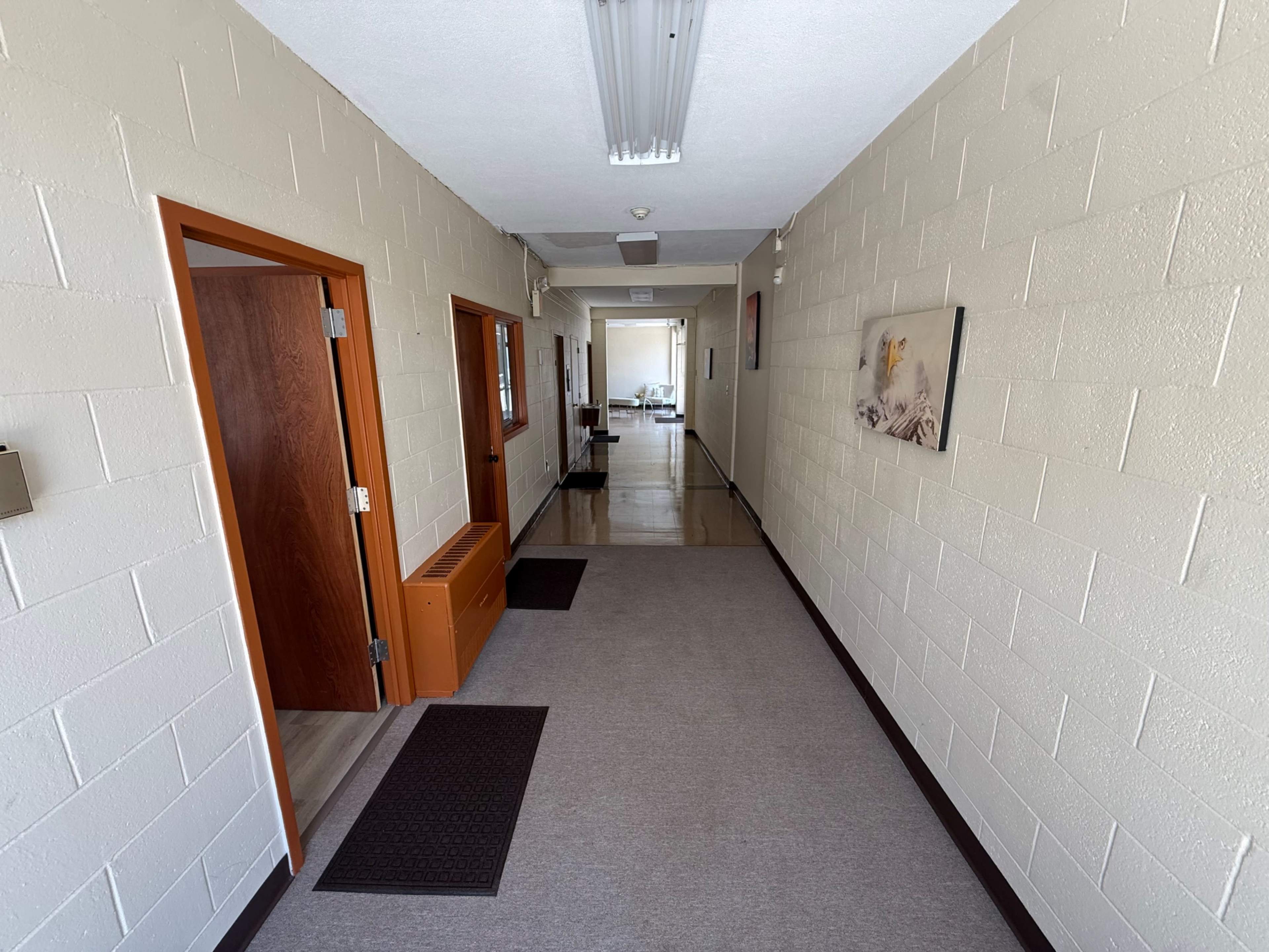 A long hallway with doors on either side, leading to a bright area at the far end with visible furniture.