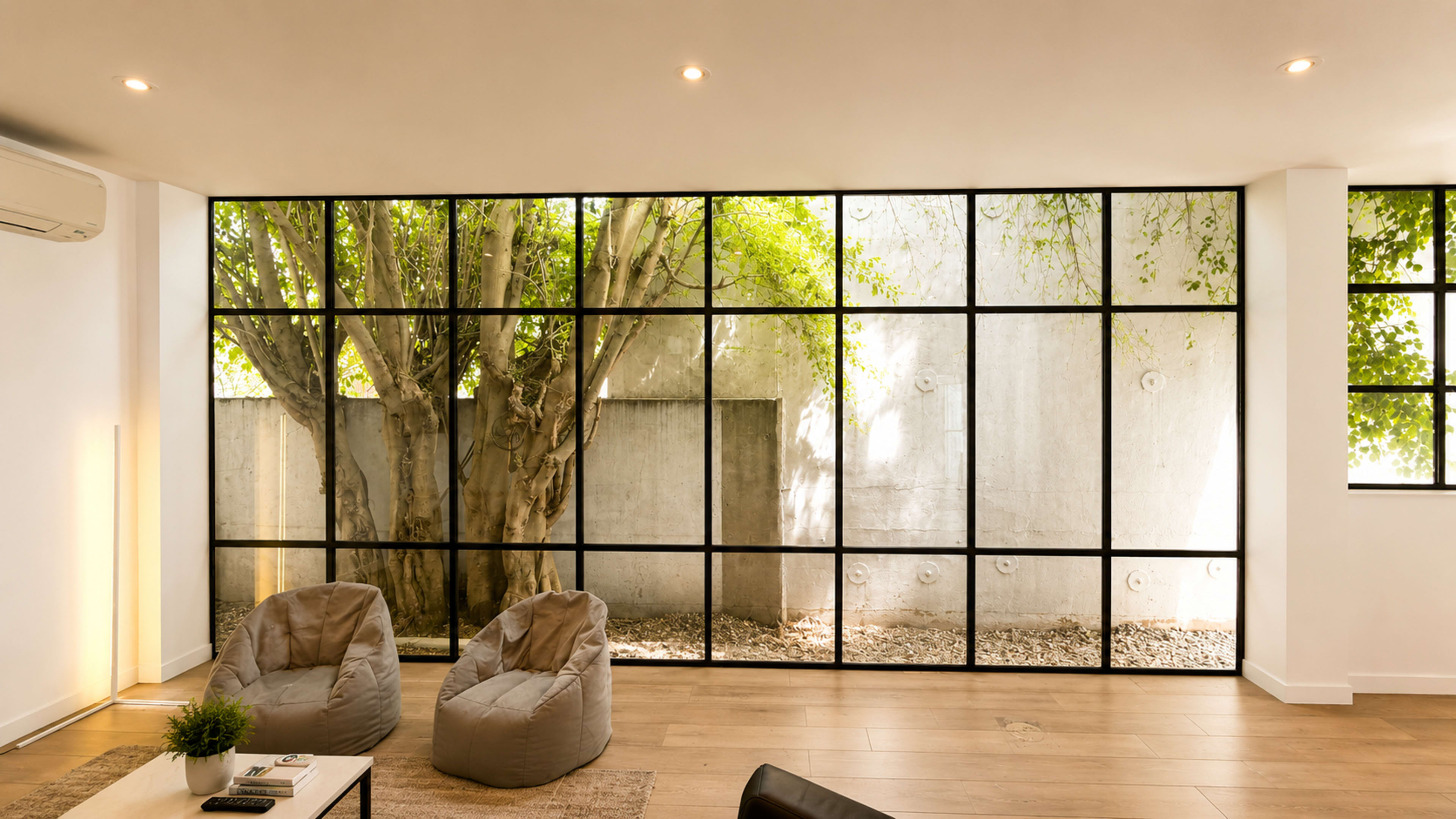The image shows a modern living space with large glass windows revealing a view of a tree outside.