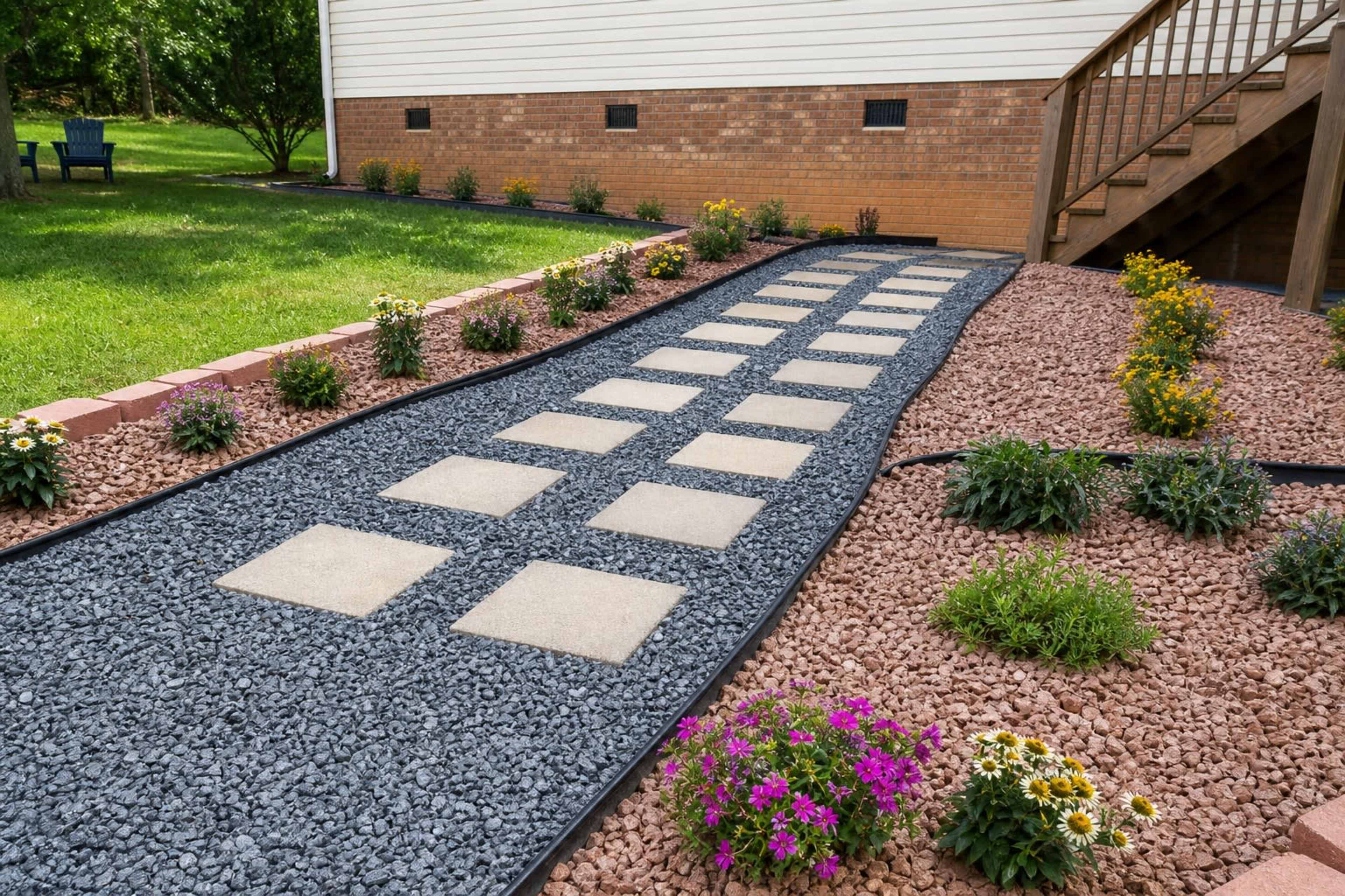 The image shows a landscaped pathway of grey gravel and stone slabs leading to a house, bordered by flowering plants and decorative rocks.