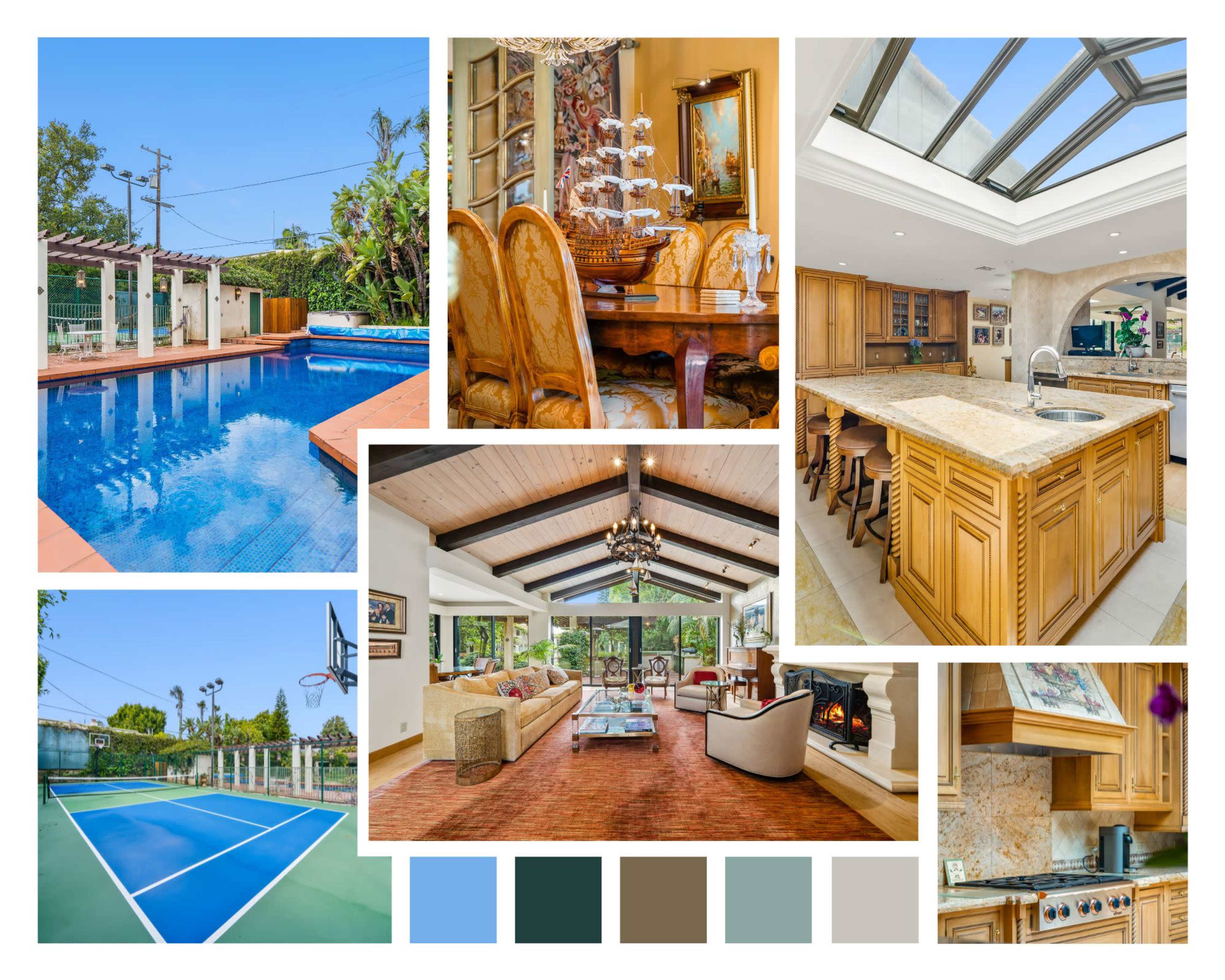 The image features a luxurious home environment, showcasing a swimming pool, a dining area with elegant furnishings, a kitchen with wooden cabinetry, a living room with large windows, and a sports court.