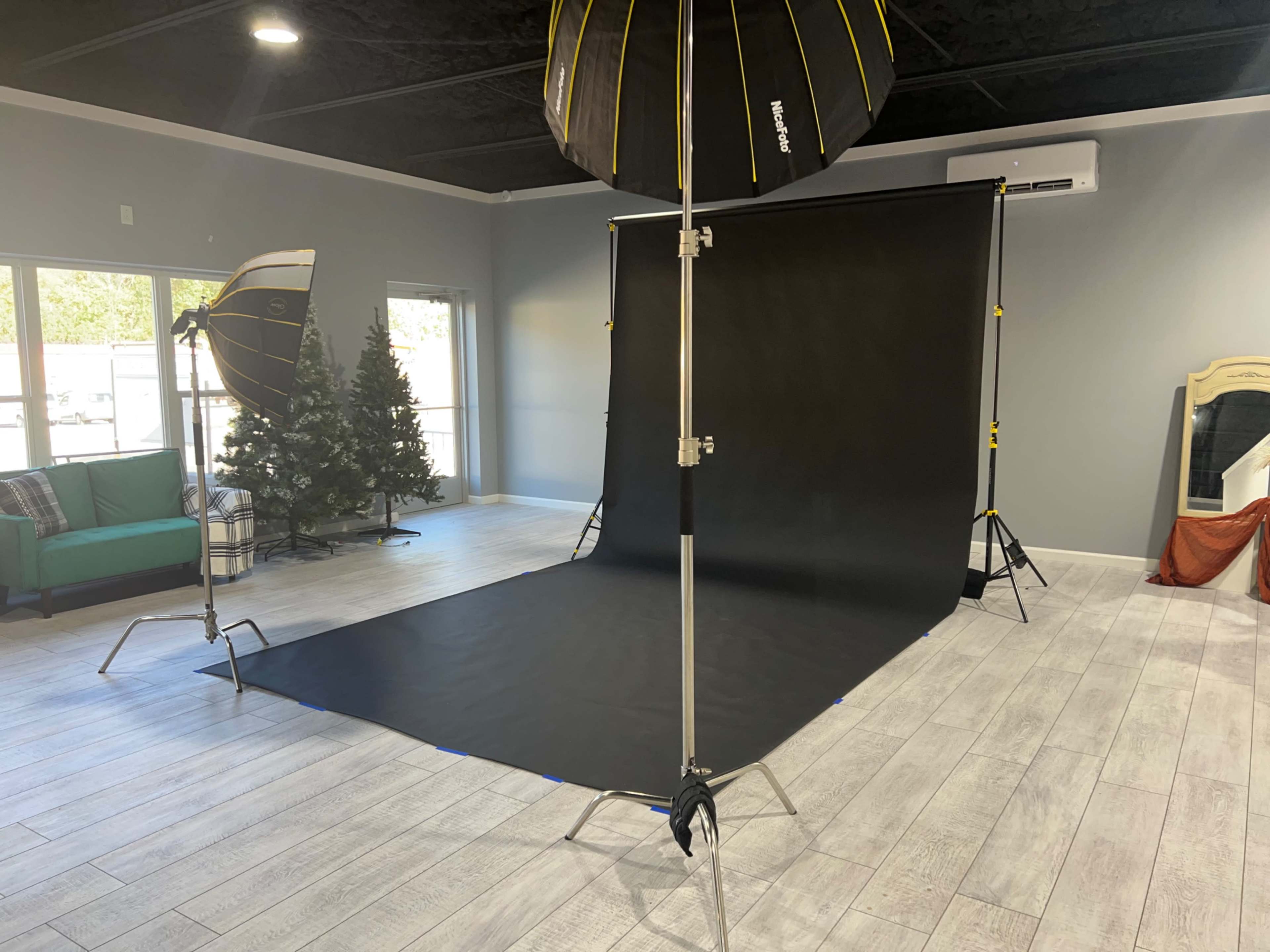 The image shows a studio setup with a black backdrop, lighting equipment, and a green couch near a decorated Christmas tree.