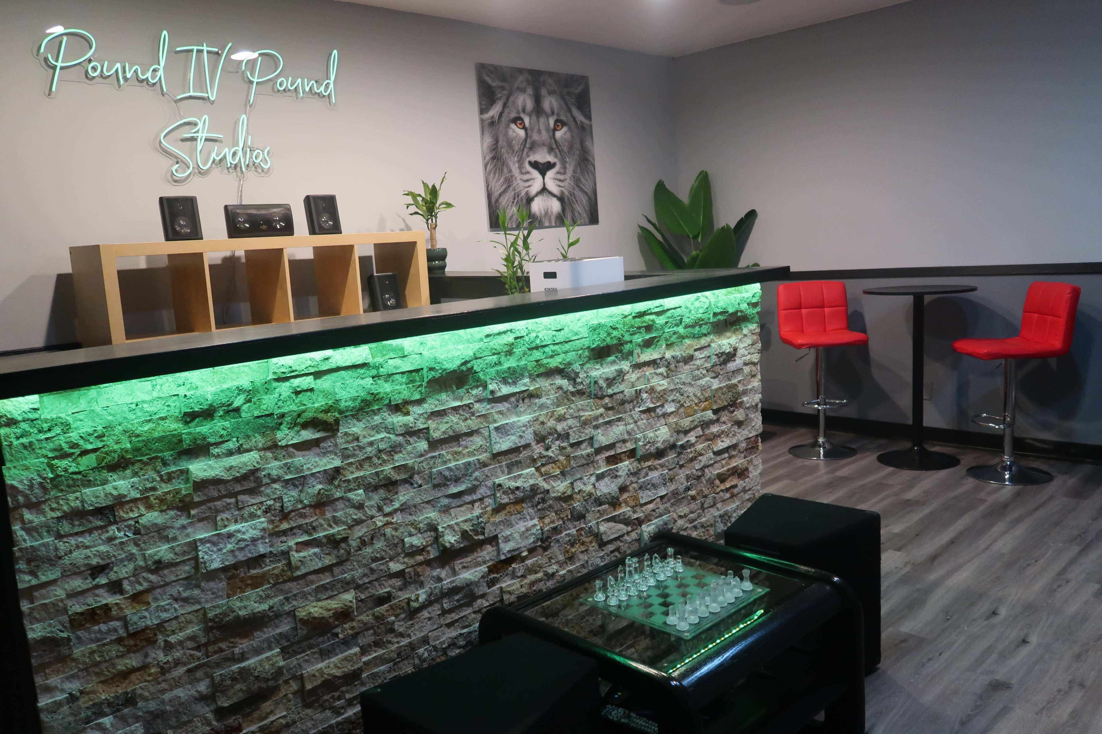 The image shows a modern studio reception area with a stone-accented front desk, red chairs, and a small table, adorned with plants and a lion portrait on the wall.