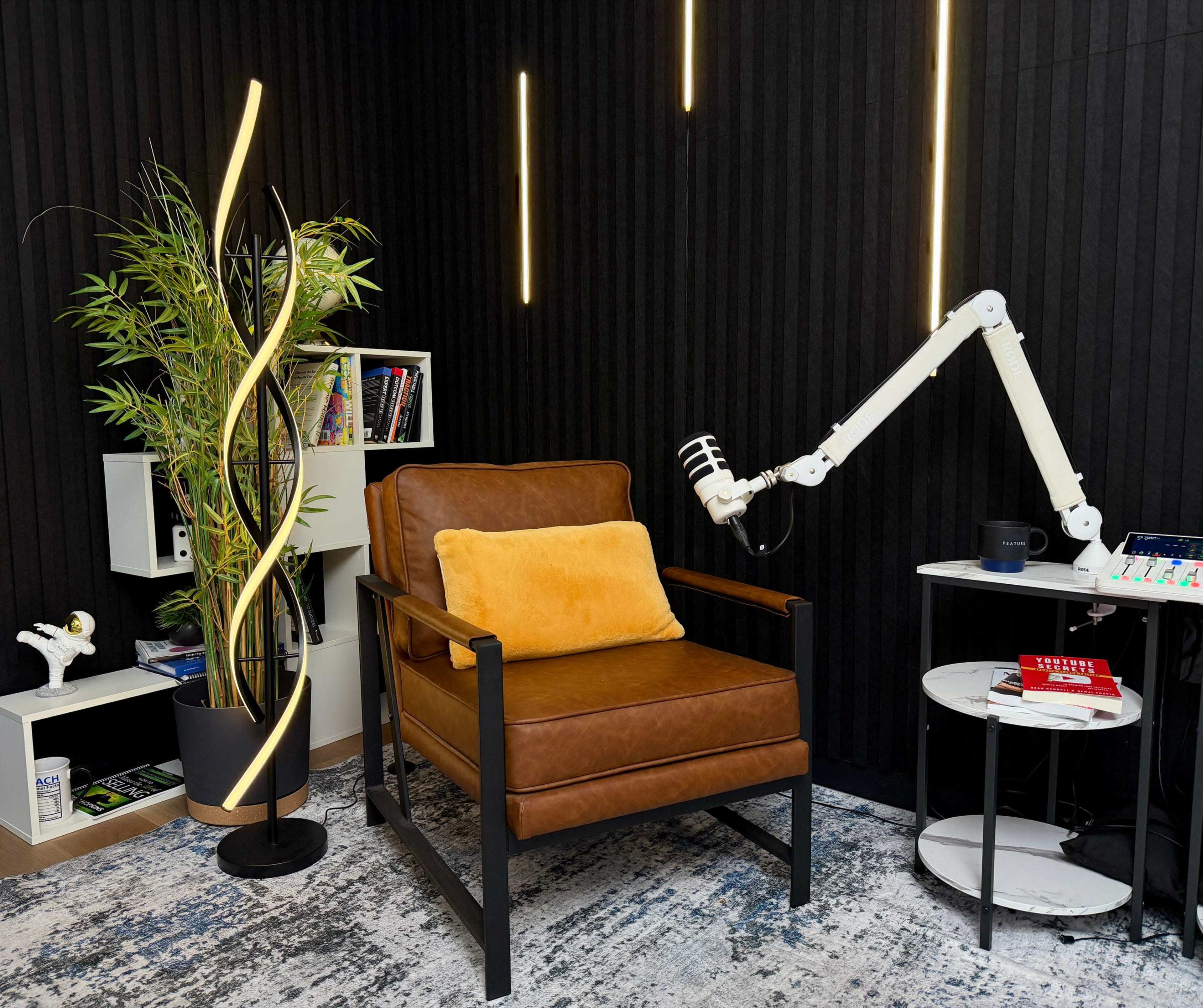 The image shows a cozy recording studio or interview space featuring a brown leather chair, a yellow cushion, a microphone mounted on an arm, a small table, a black shelf with books, and a decorative plant.