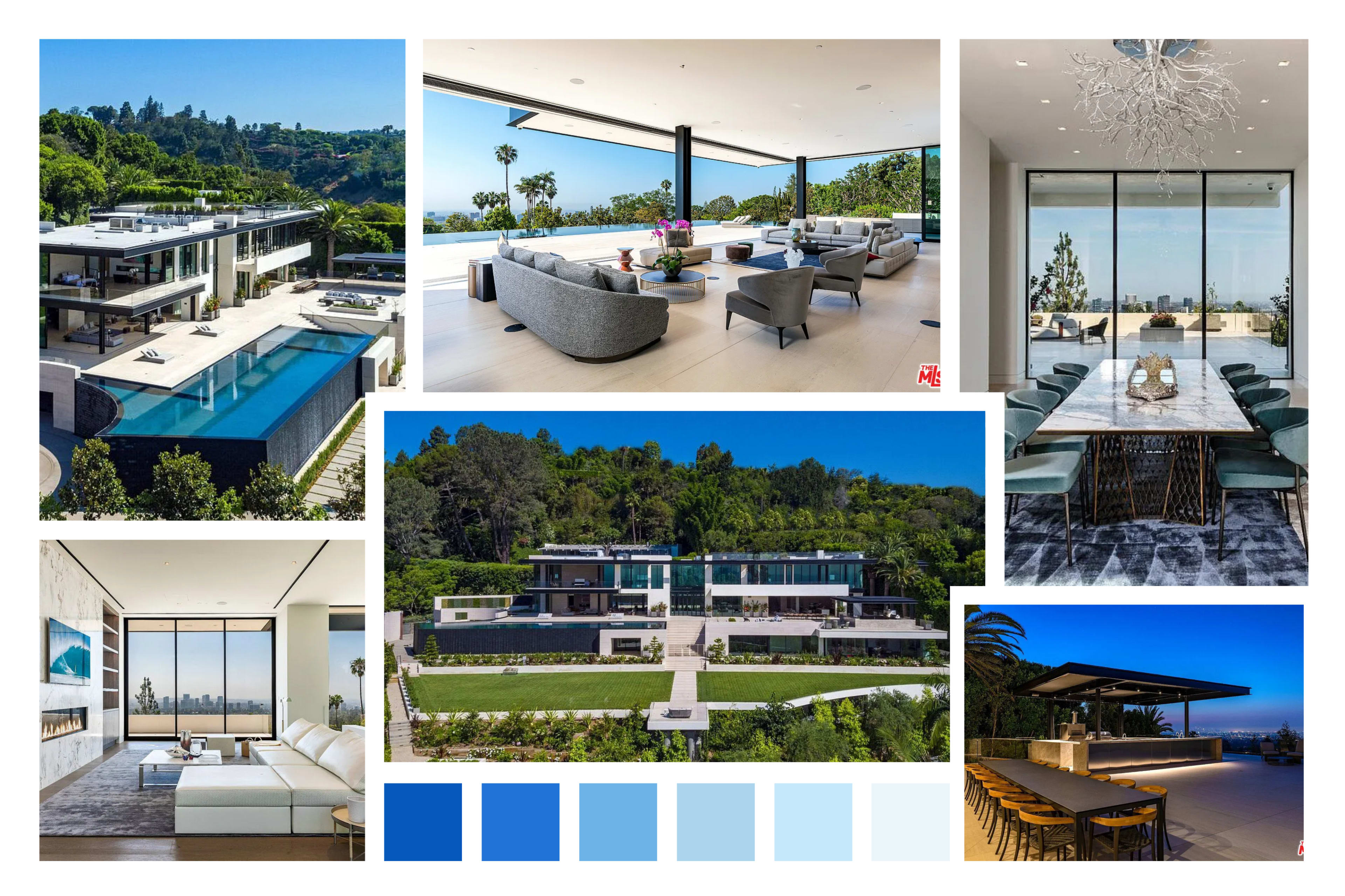 The image showcases a modern luxury mansion with expansive windows, a large swimming pool, and elegantly designed interior and exterior spaces.