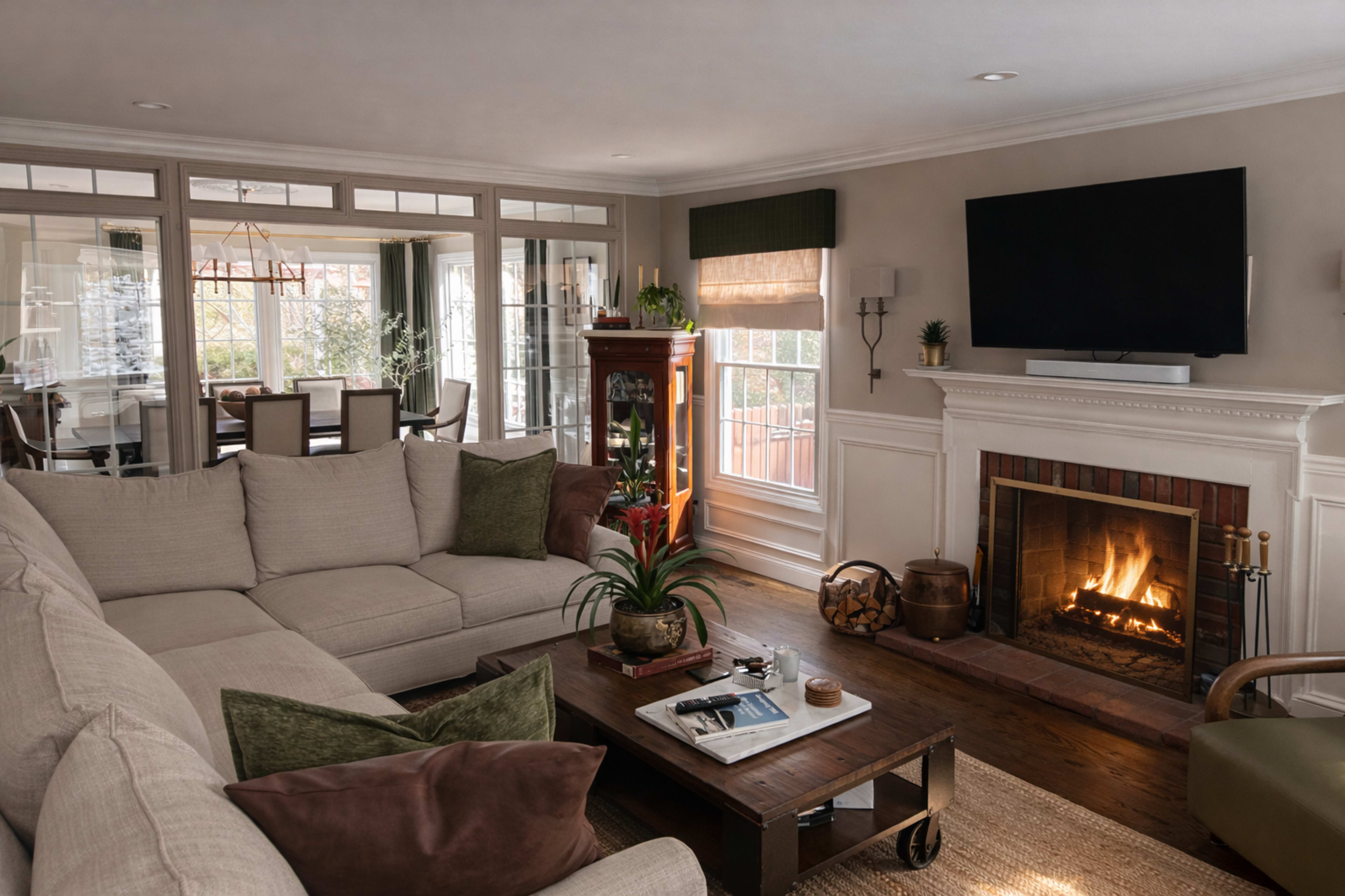 The living room features a large sectional sofa, a coffee table with decorative items, a fireplace, and a television mounted on the wall, with a view of a dining area through glass doors.