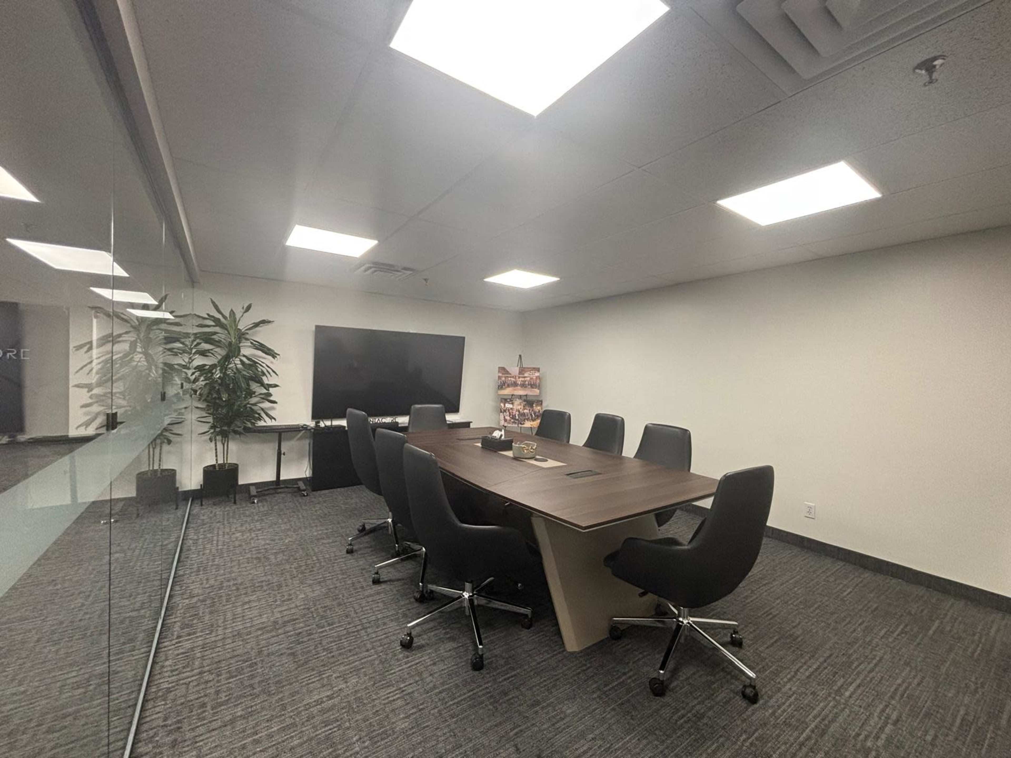 The image shows a modern conference room with a large rectangular table surrounded by black office chairs, a TV screen on the wall, and a plant in the corner.