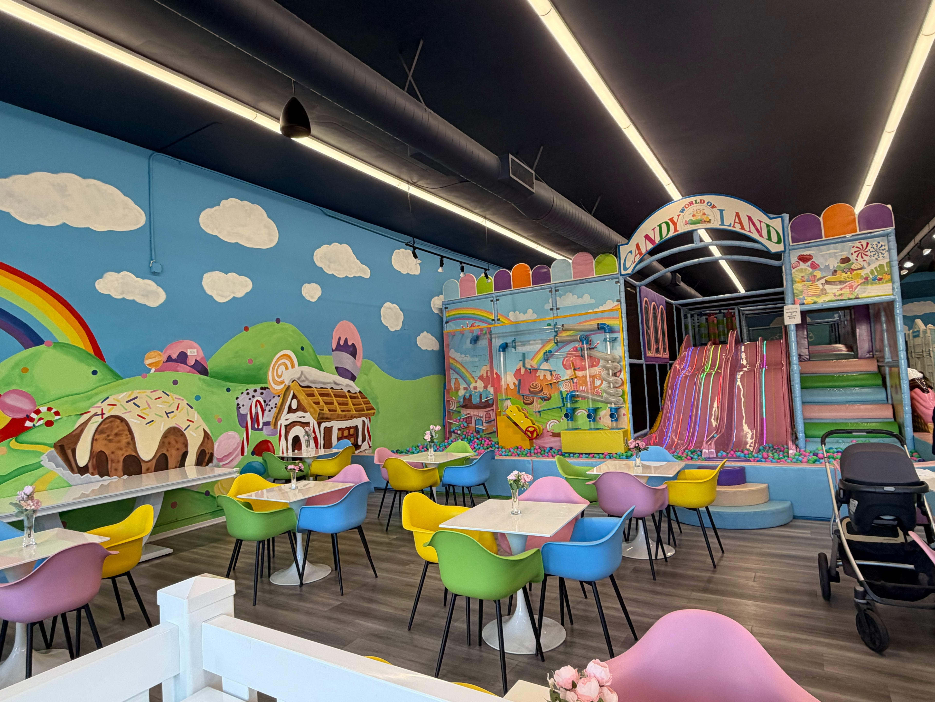The image depicts a colorful children's play area within a café featuring a Candy Land theme, with vibrant walls, a slide, and playful seating arrangements.