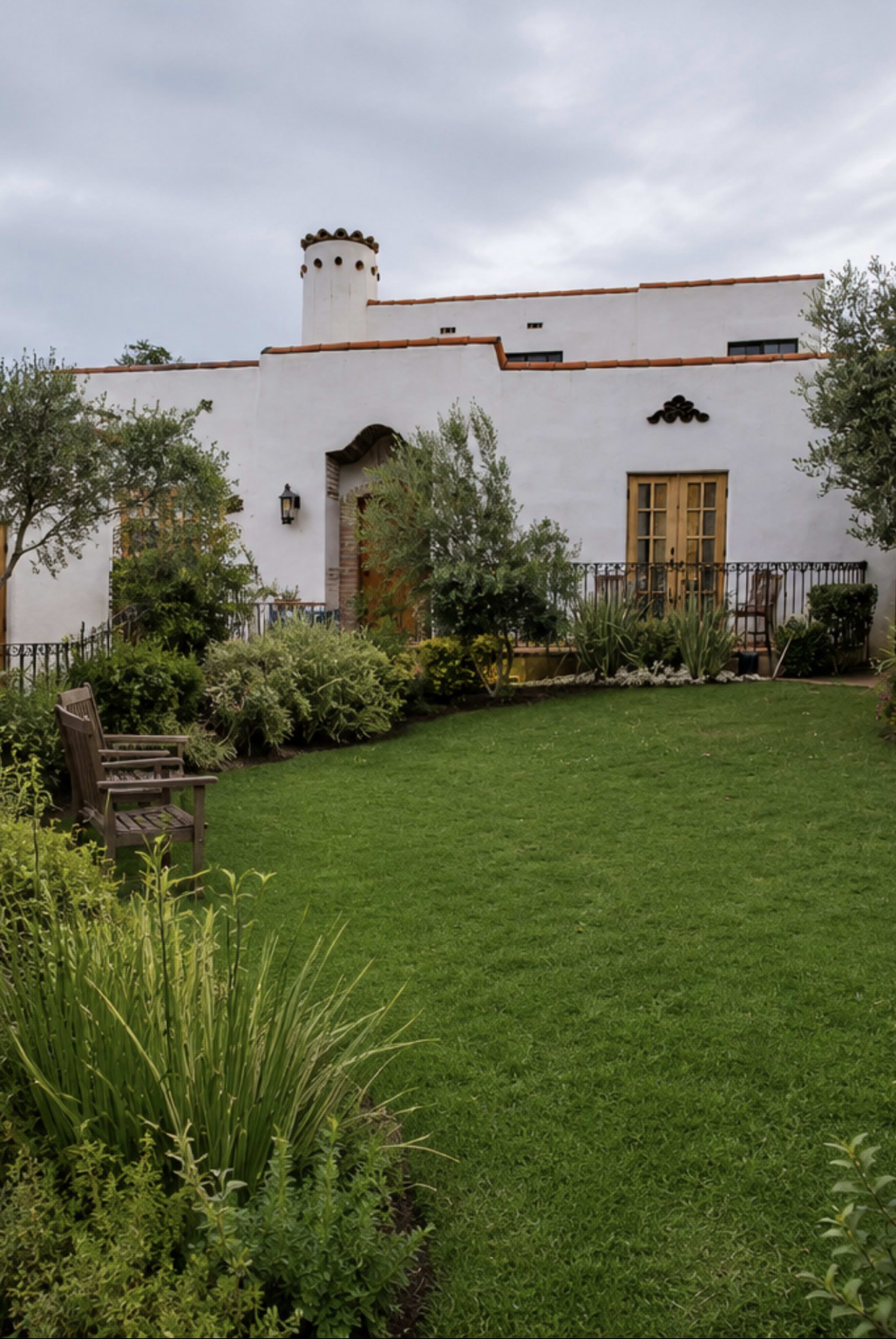 A white house with yellow windows and a decorative chimney sits amidst a well-maintained garden featuring green grass and various plants.