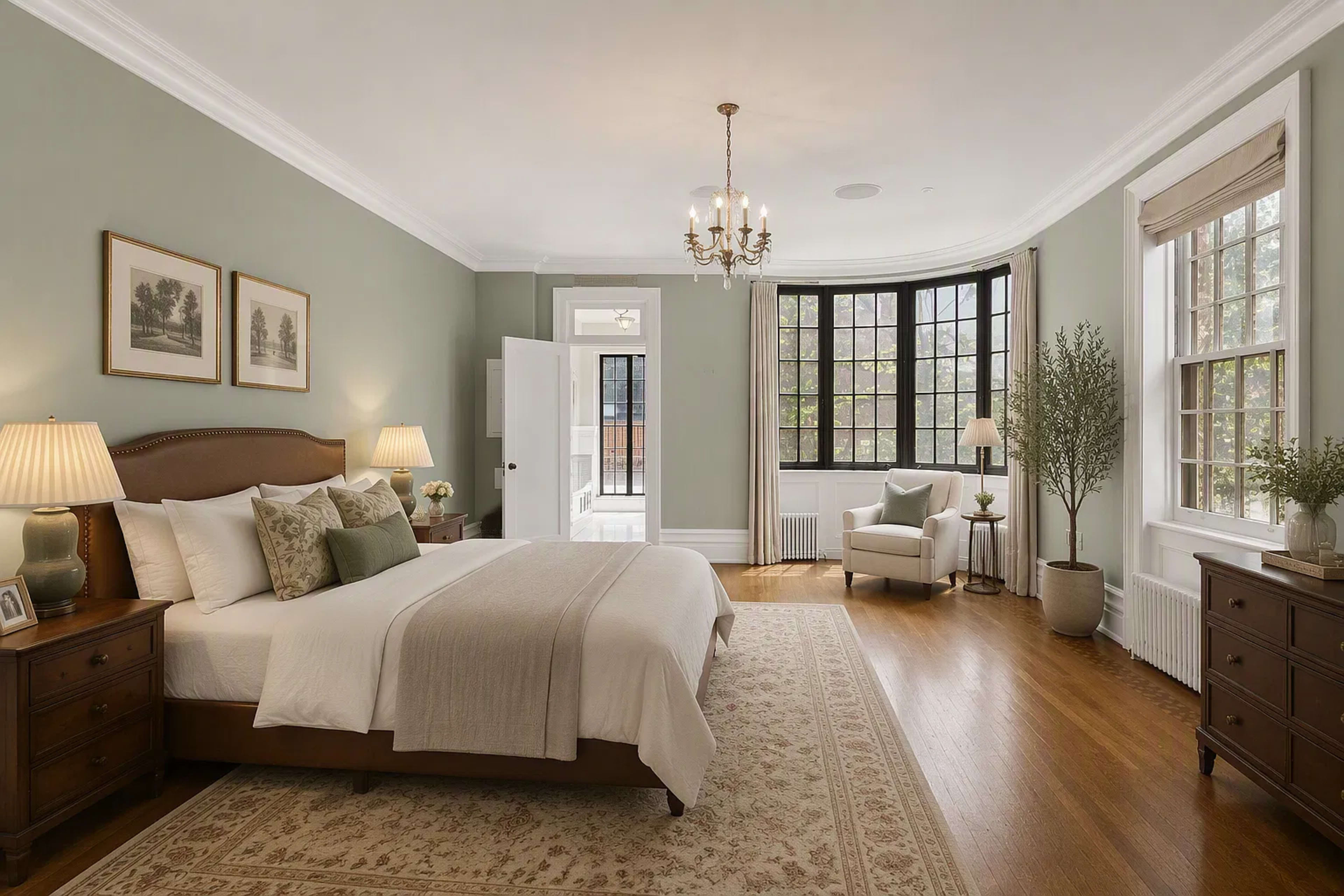 The image shows a spacious, elegantly furnished bedroom featuring a large bed, two lamps on wooden nightstands, and a seating area near a bay window.