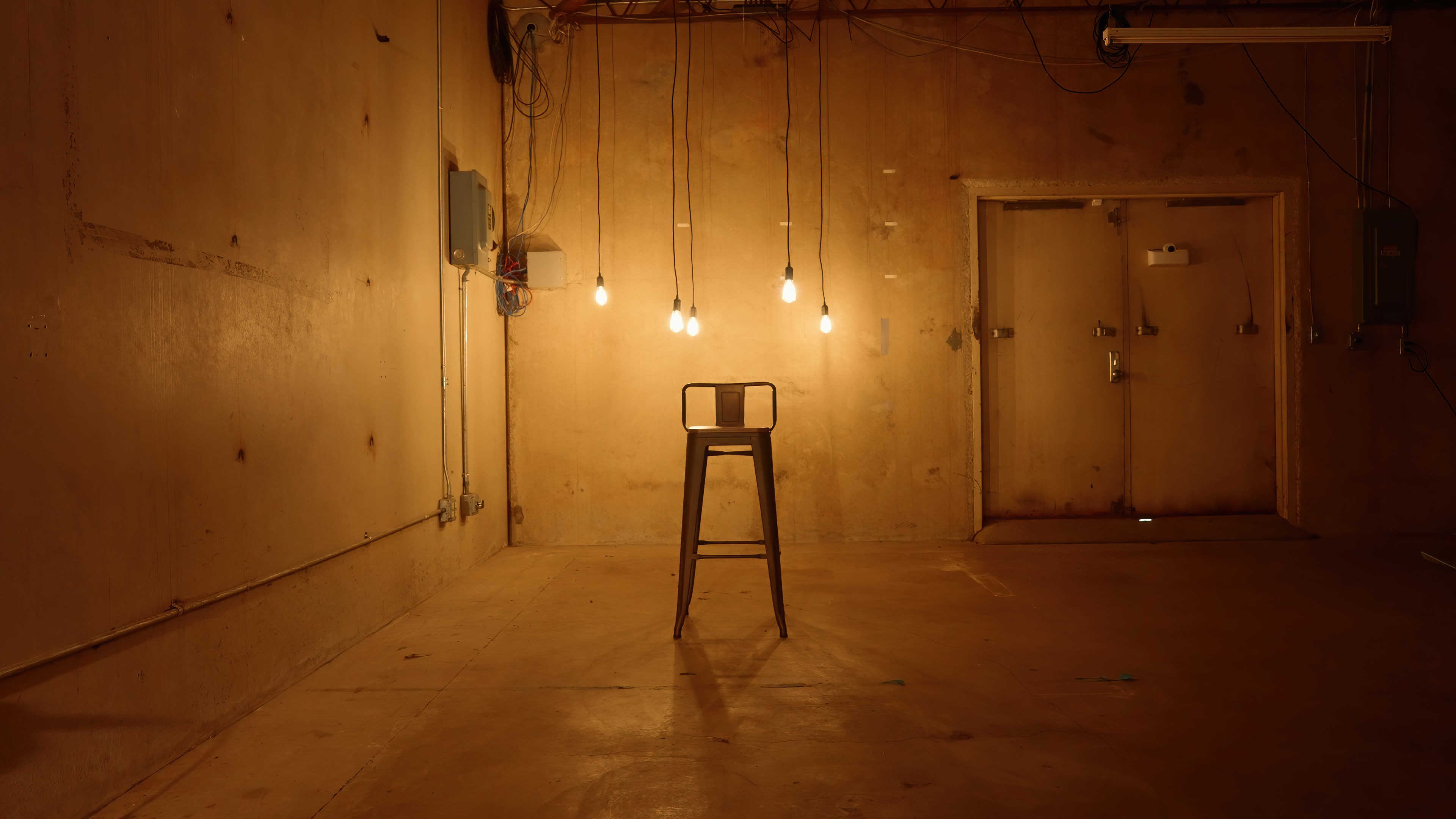 A single stool is illuminated by hanging light bulbs in a bare room with a textured wall and a door.