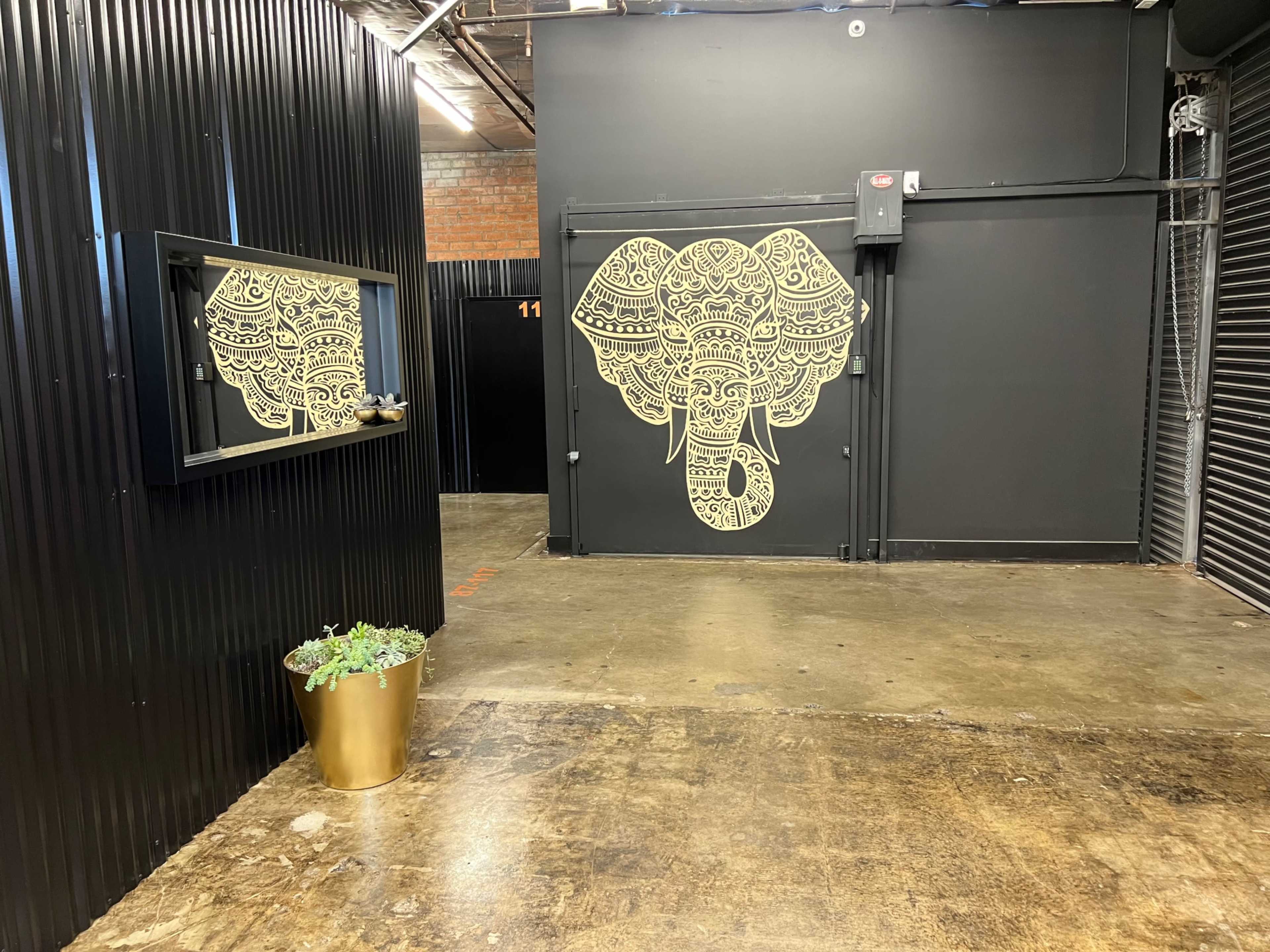 The image shows a narrow hallway with a mural of an elephant on the black wall and a framed mirror on the opposite side, accompanied by a potted plant in a gold planter.