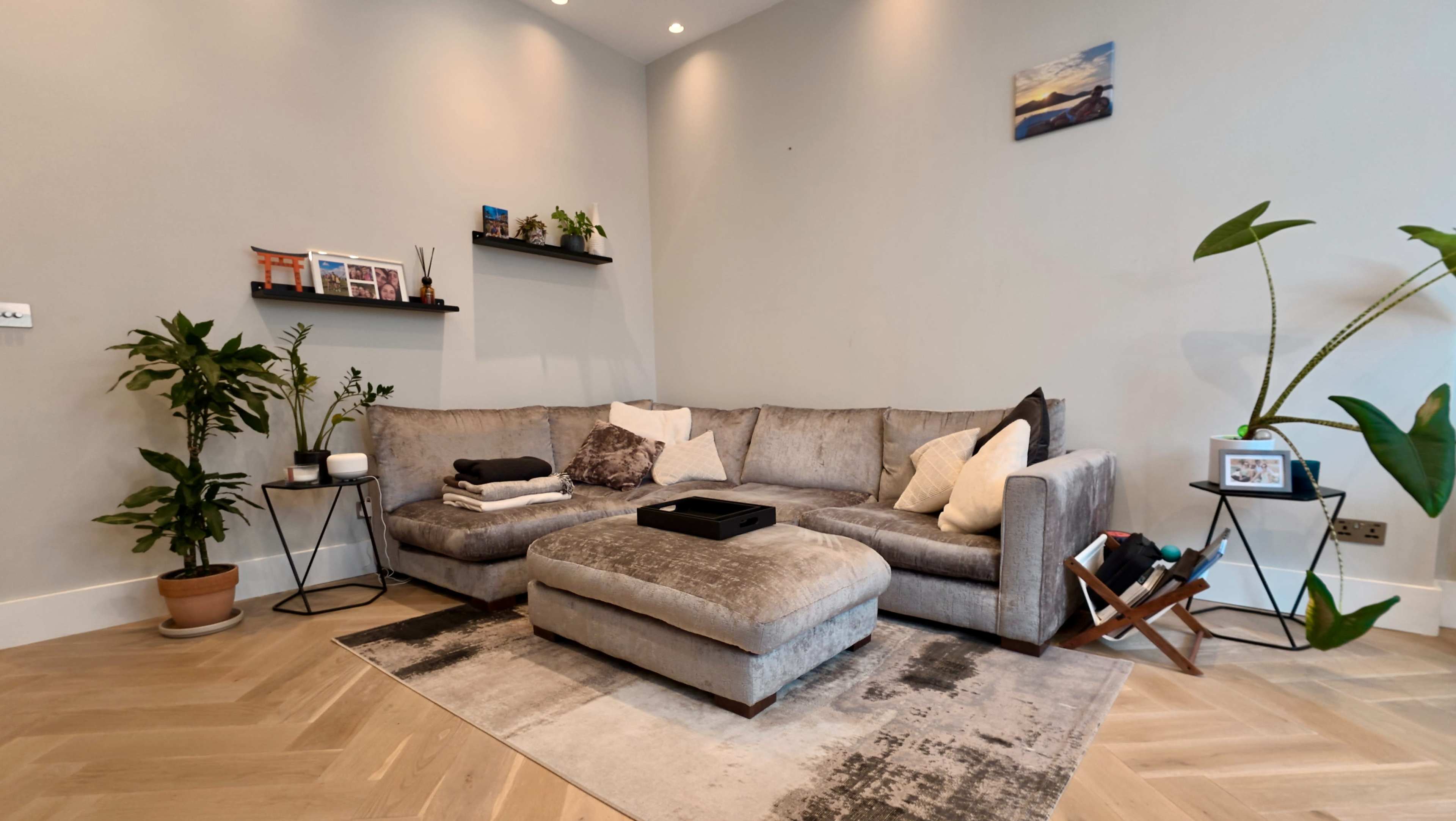 The image shows a modern living room with a grey sectional sofa, a small coffee table, decorative plants, and wall shelves displaying framed photos.