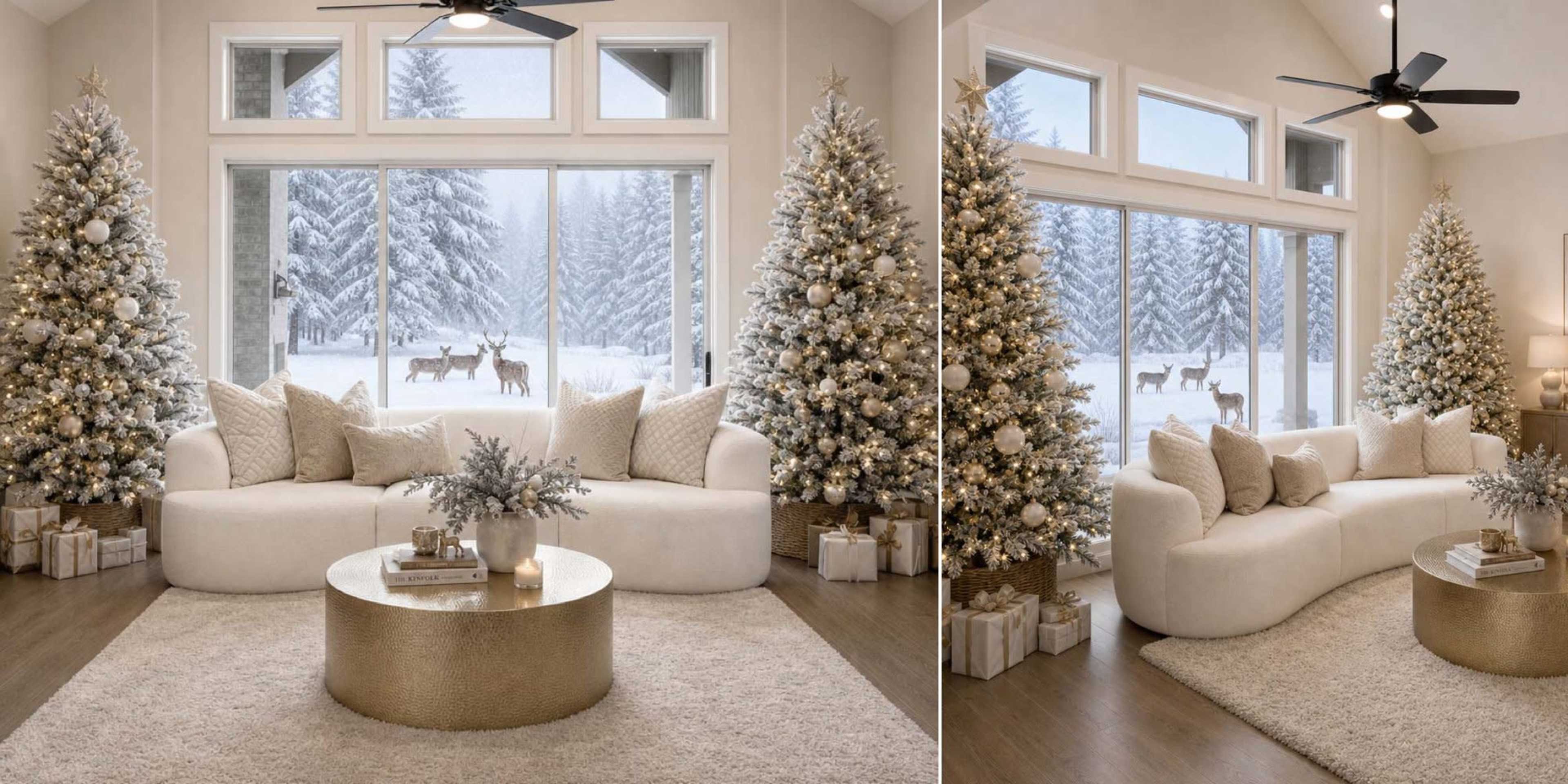 The image features a cozy living room with a curved white sofa, a round gold coffee table, and two Christmas trees, all set against a snowy landscape visible through large windows.