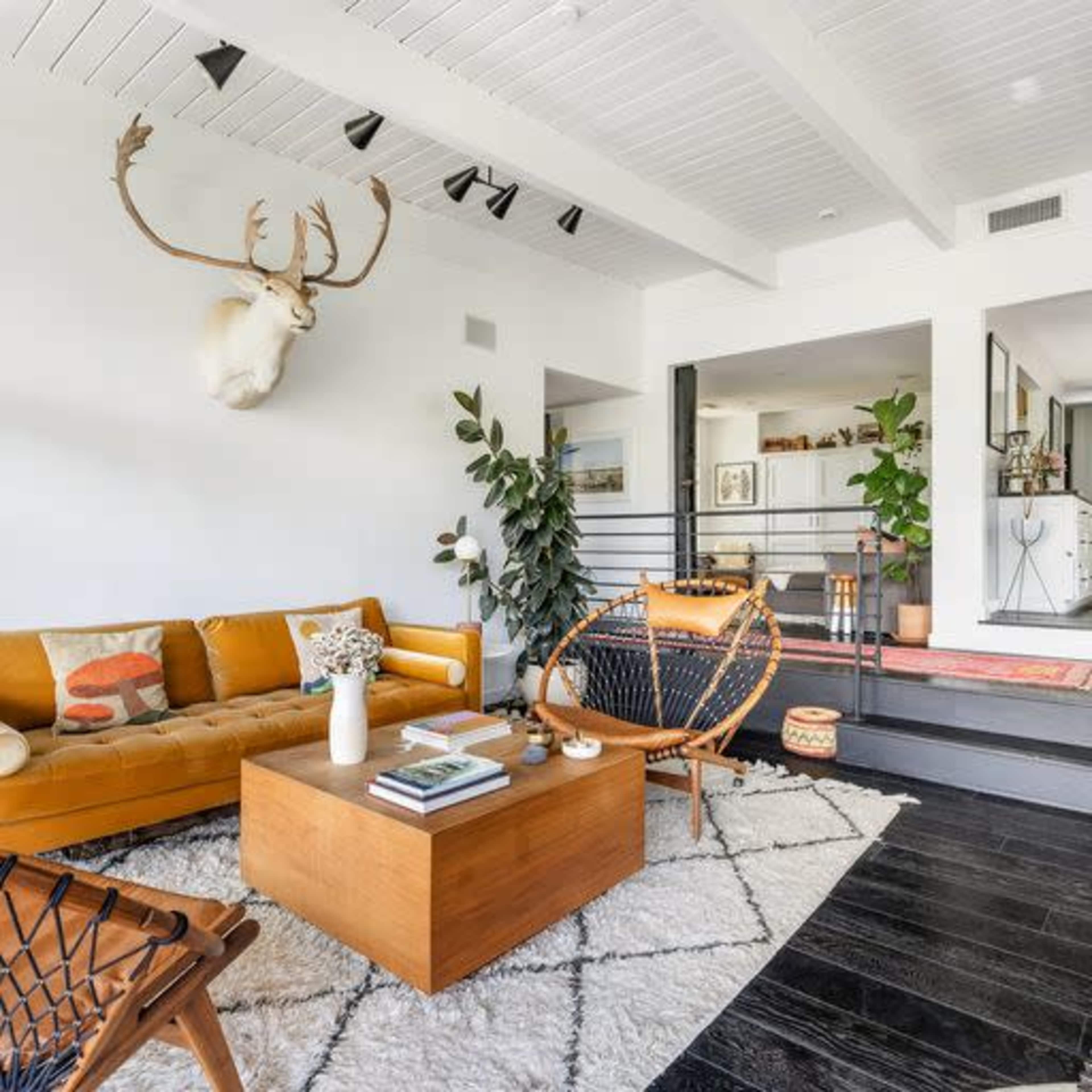 A modern living room features a tan leather sofa, a wooden coffee table, and decorative plants, with a mounted deer head on the wall.
