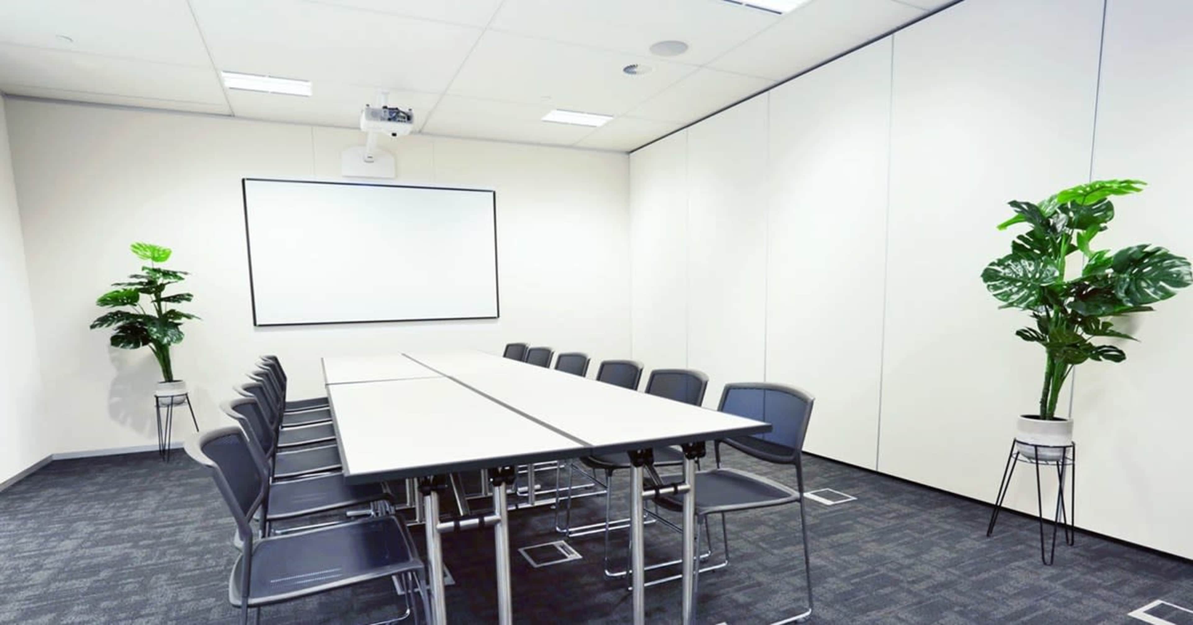 A modern conference room features a long table surrounded by chairs, a projector screen on the wall, and two potted plants in the corners.