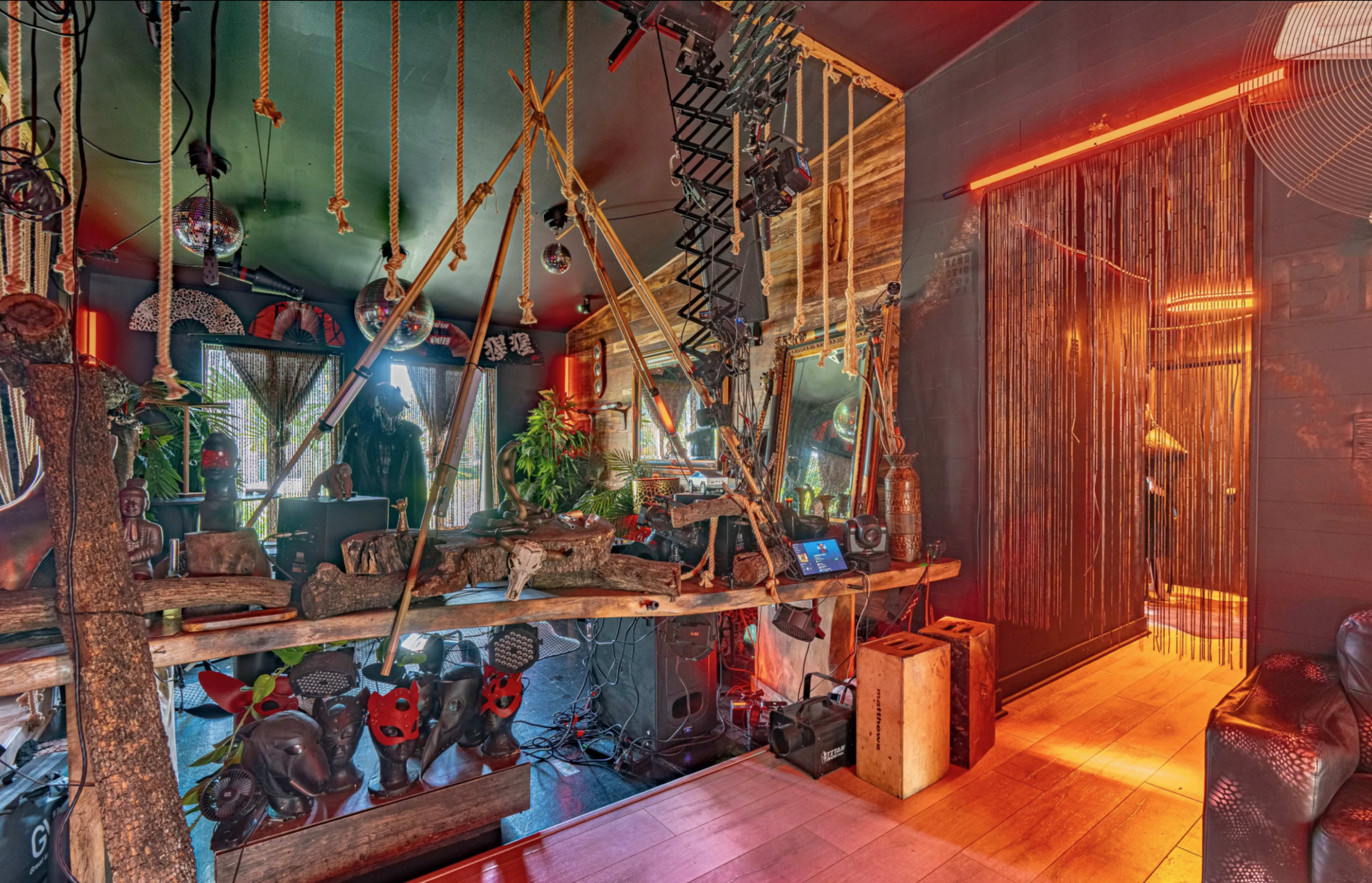 The image shows a vibrant room with eclectic decor, featuring hanging plants, wooden elements, and various artistic installations, including animal sculptures.