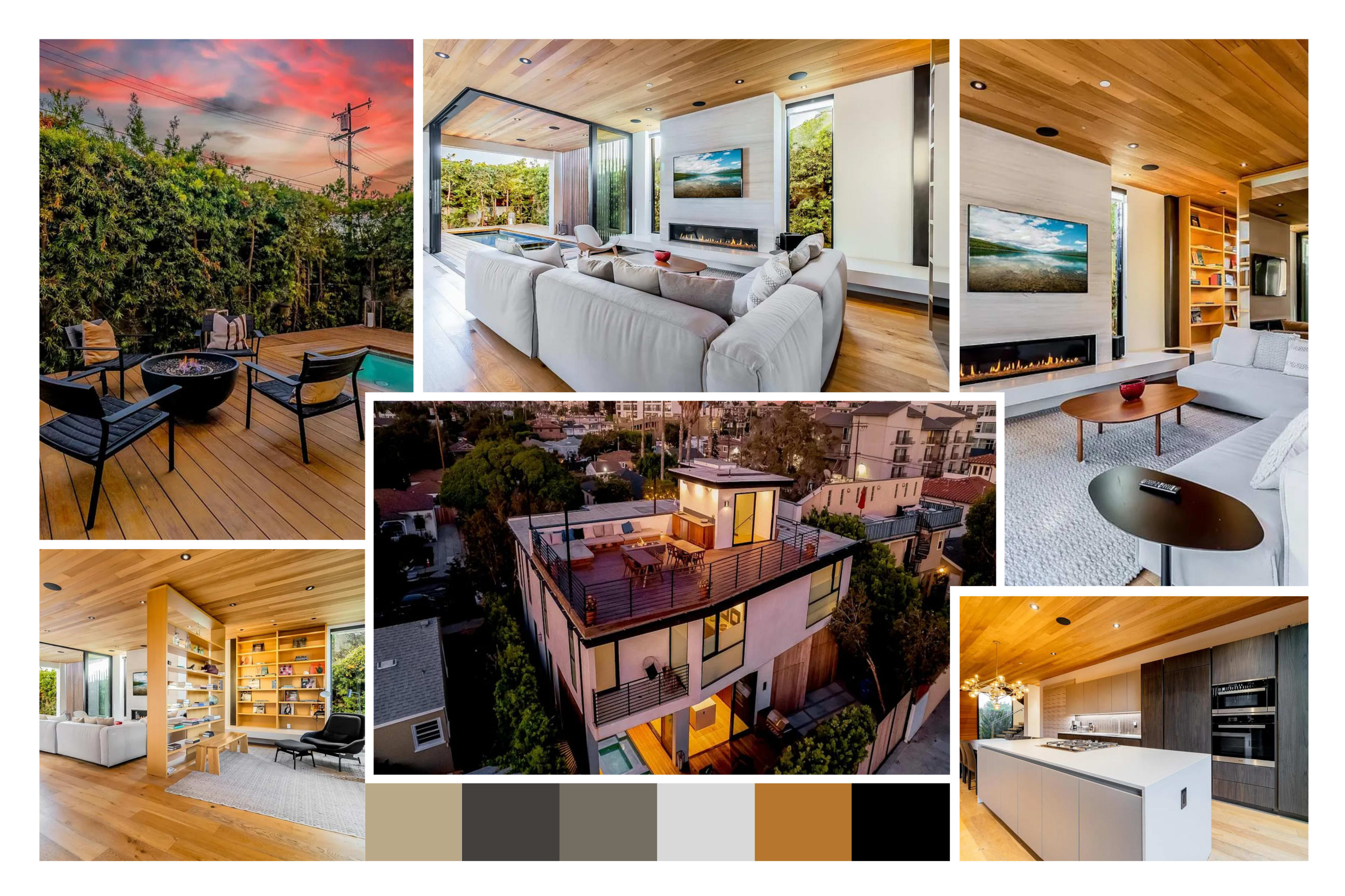 The image showcases a modern home interior with a sleek design, featuring an open living space, a kitchen, a rooftop view, and an outdoor seating area surrounding a pool.