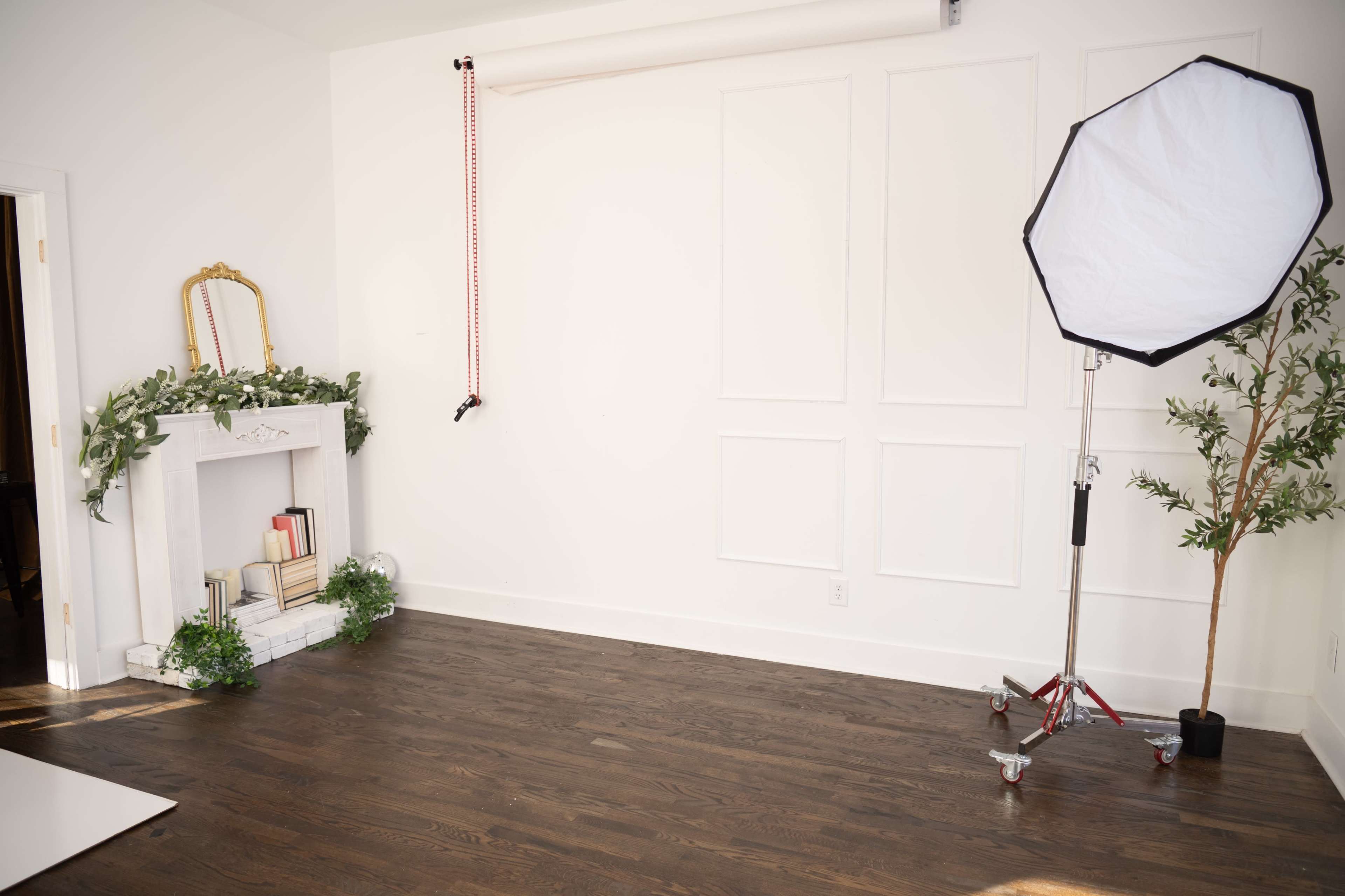 The image shows a bright, minimalistic room featuring a white wall, a mantel with decorative plants, a large light stand, and a wooden floor.