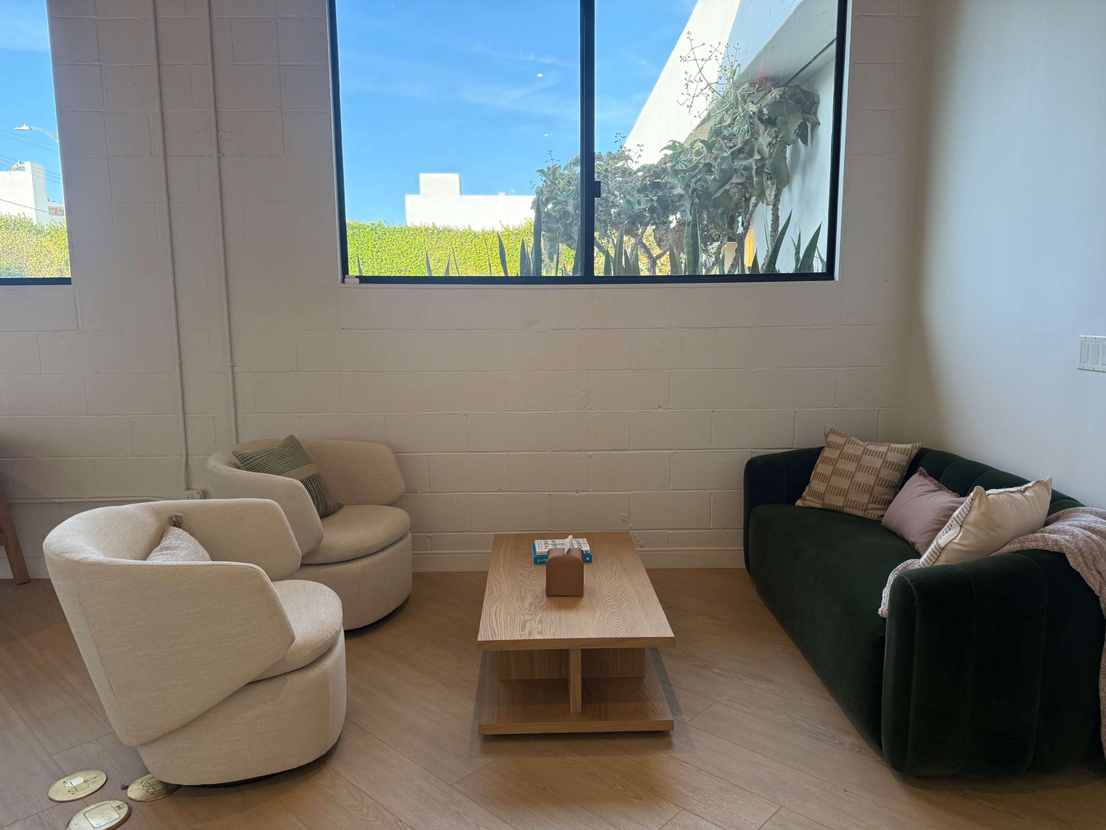The image shows a cozy seating area featuring two armchairs and a green sofa around a wooden coffee table, with large windows providing natural light.