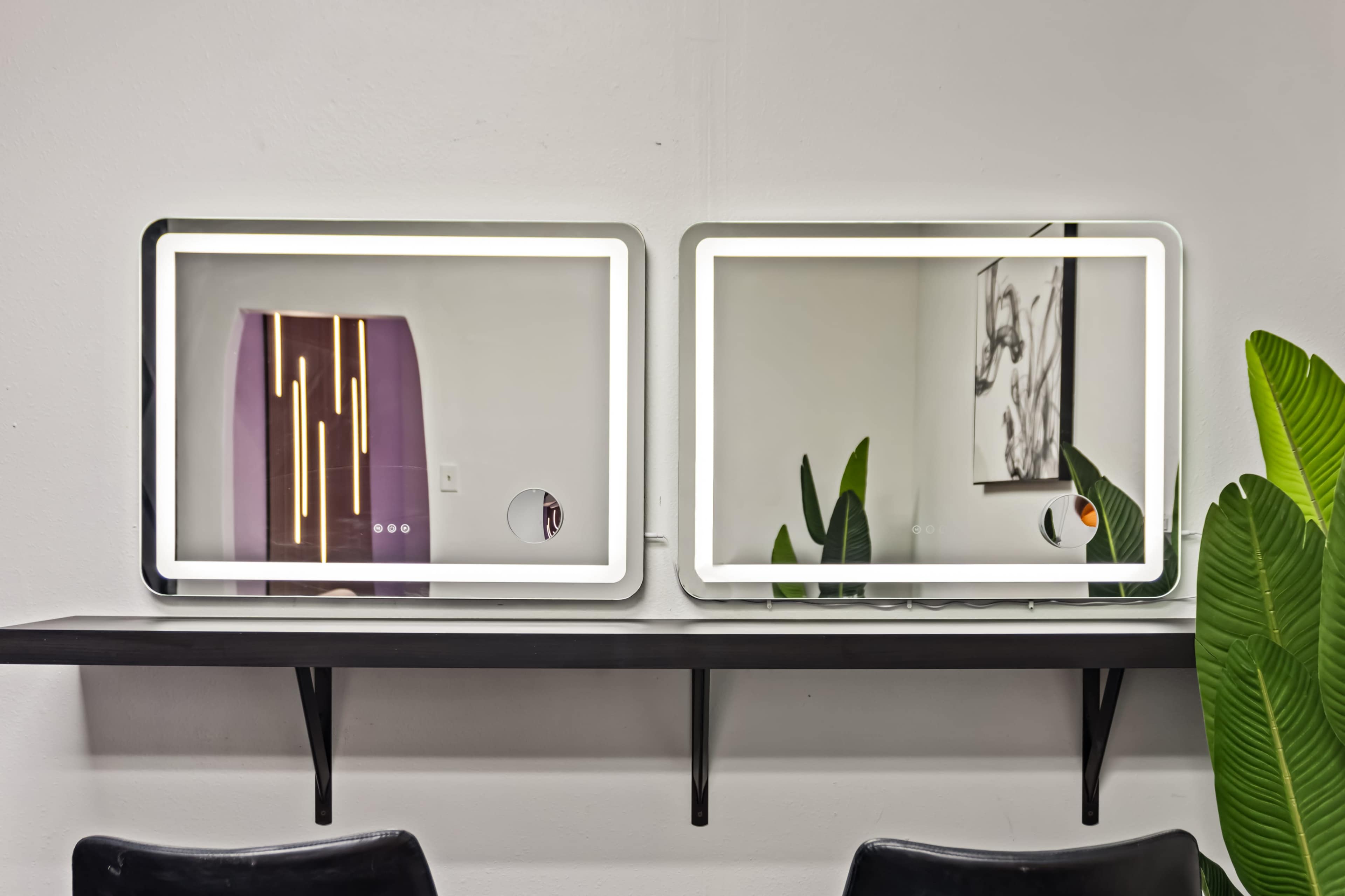 Two illuminated mirrors are mounted on a wall above a dark shelf, with a plant displayed on one side.