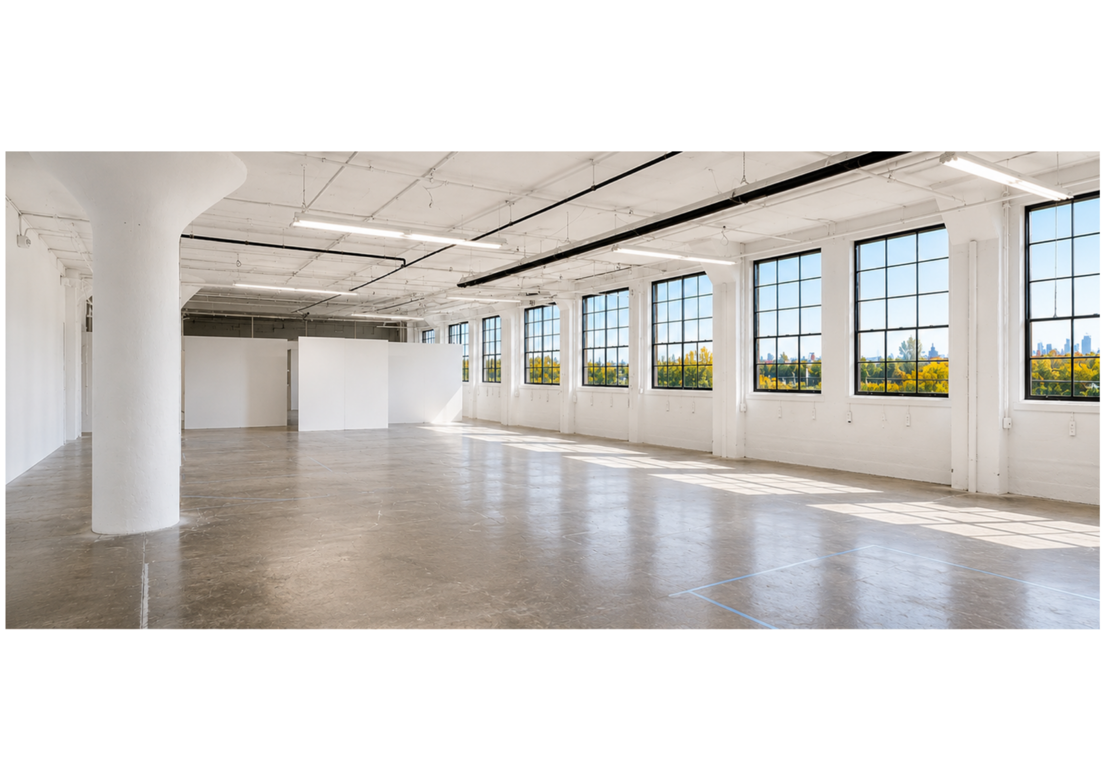 The image shows a spacious, empty industrial room with large windows, concrete floors, and white walls.