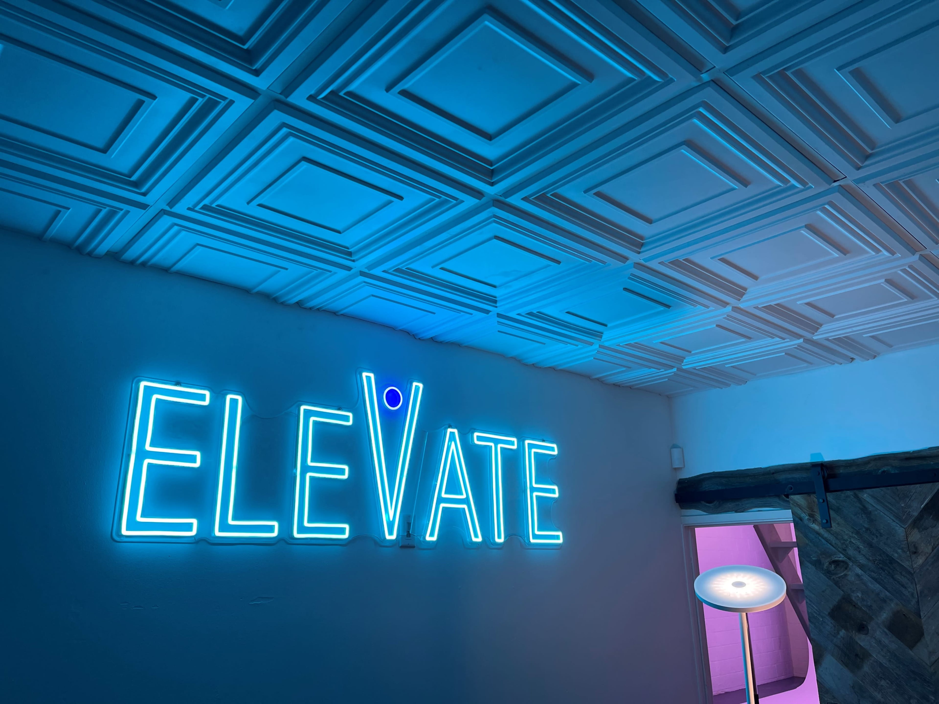 A bright blue neon sign displaying the word "ELEVATE" is mounted on a white wall with a decorative ceiling above.