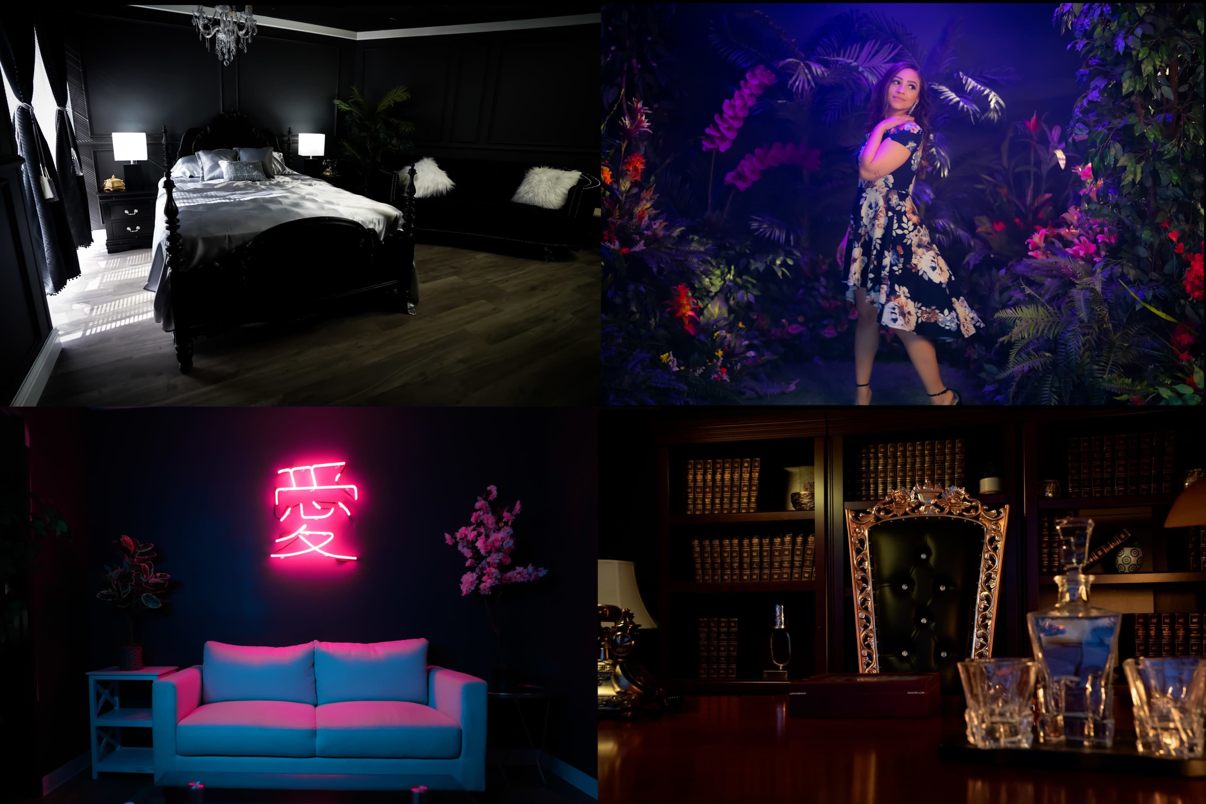 The image features four distinct scenes: a dark bedroom with a black bed and lamps, a woman in a floral dress posed in a vibrant, plant-filled environment, a room with a neon sign displaying the character for "love," and an elegant office space showcasing a lavish desk and bookshelves.