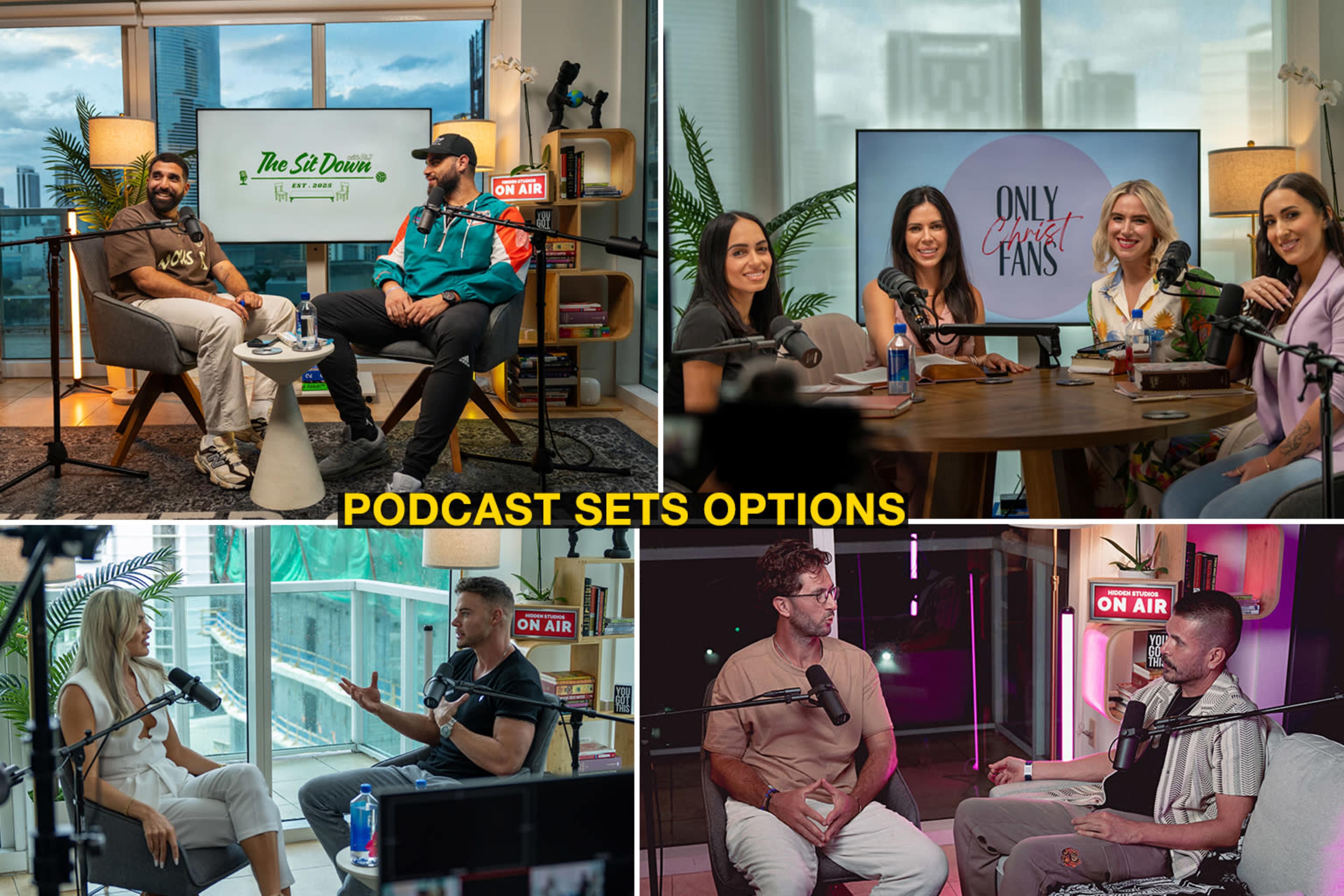 The image displays four podcast set options, featuring hosts and guests engaging in conversation around microphones and screens.
