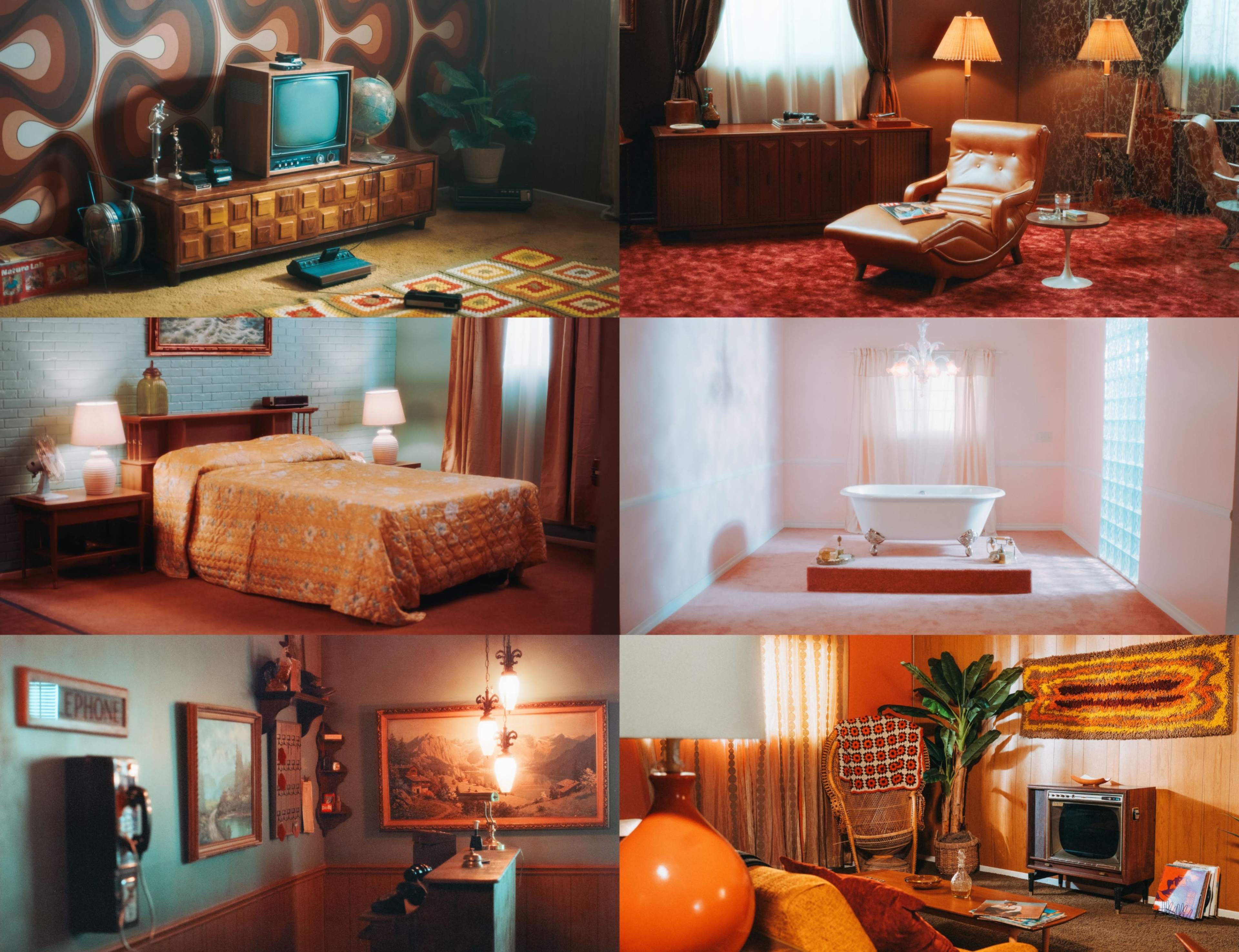 The image features six vintage-inspired rooms, each showcasing distinct mid-century modern furniture and decor elements.