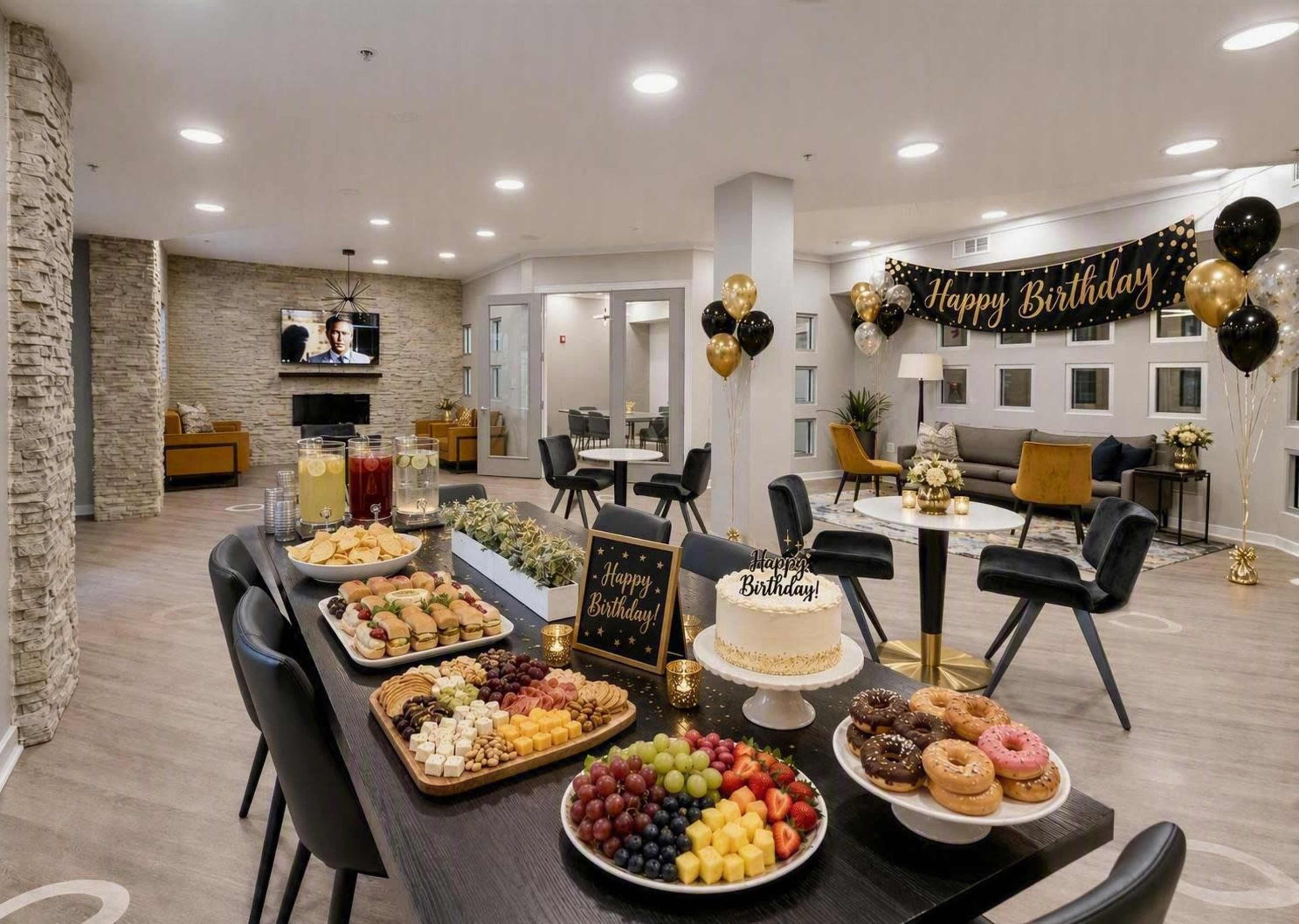 The image shows a modern party room decorated for a birthday celebration, featuring a table laden with assorted food, a birthday cake, and festive balloons.