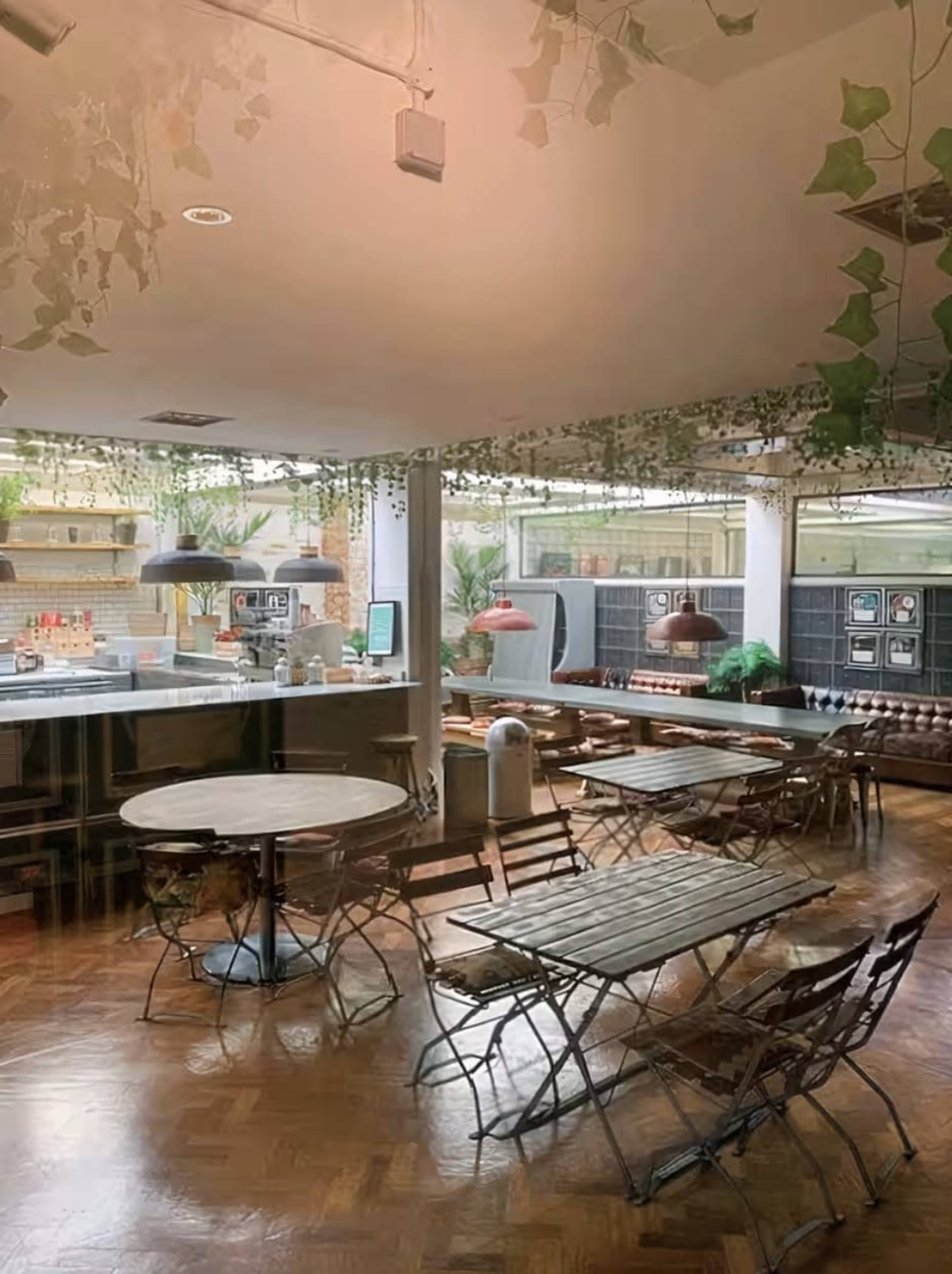 The image shows a modern café interior with wooden tables, chairs, and greenery decorating the space.