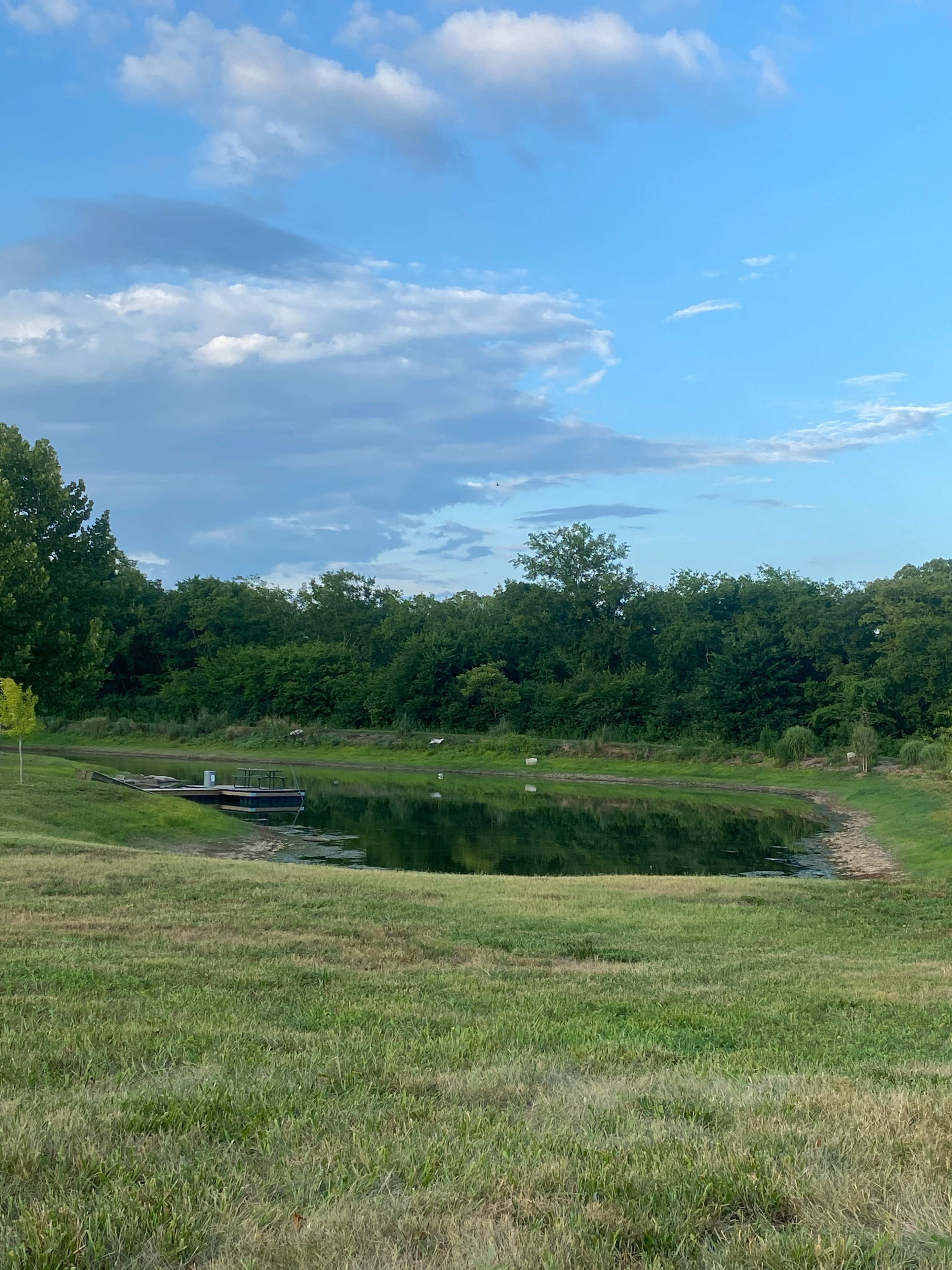 A small pond surrounded by grassy land and trees is visible under a blue sky with clouds.