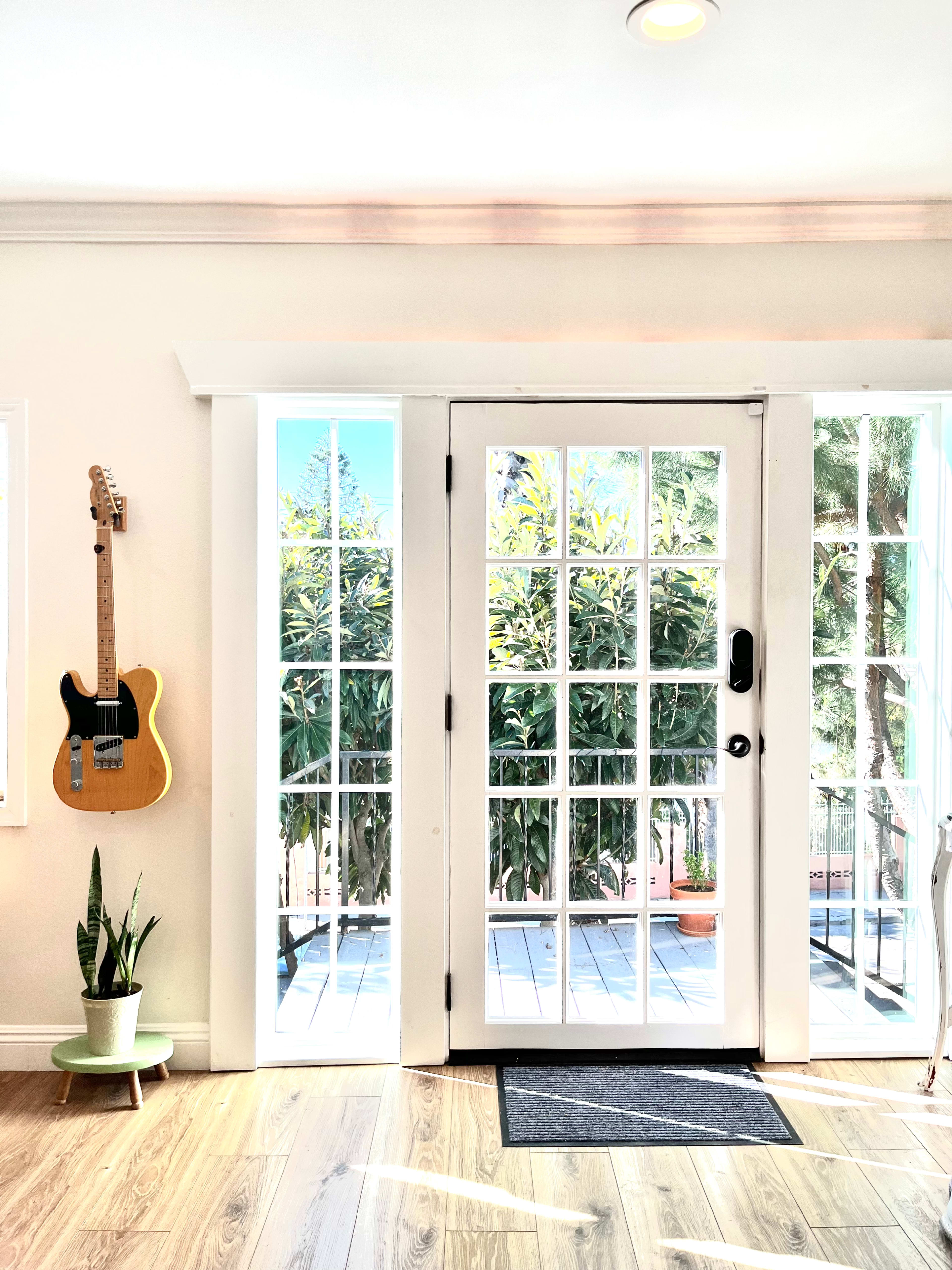 A bright entryway featuring a set of glass French doors that open to a deck, with a guitar hanging on the wall and a potted plant beside the door.