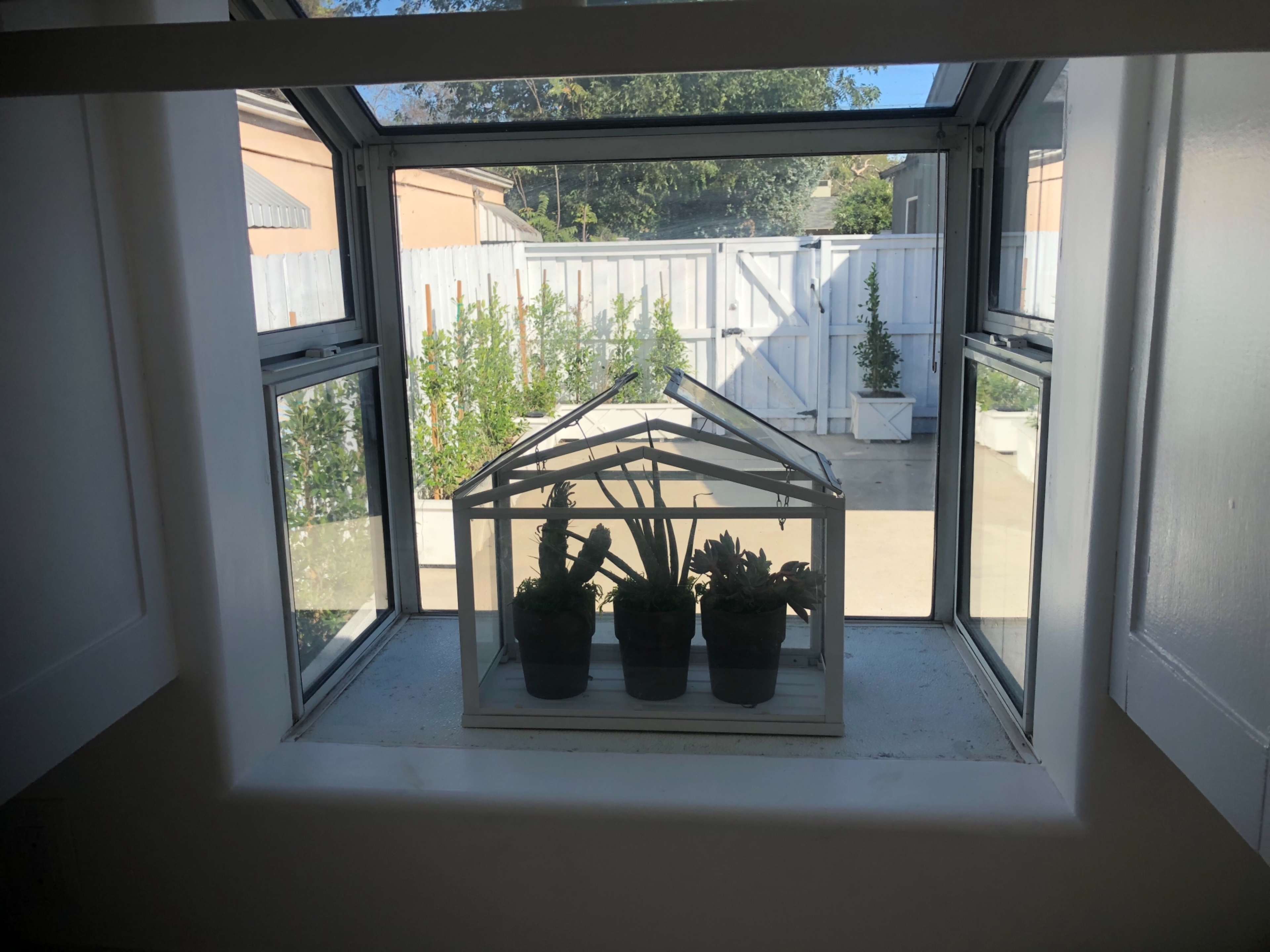A small greenhouse with potted plants sits on a windowsill, framed by open windows that overlook a garden.