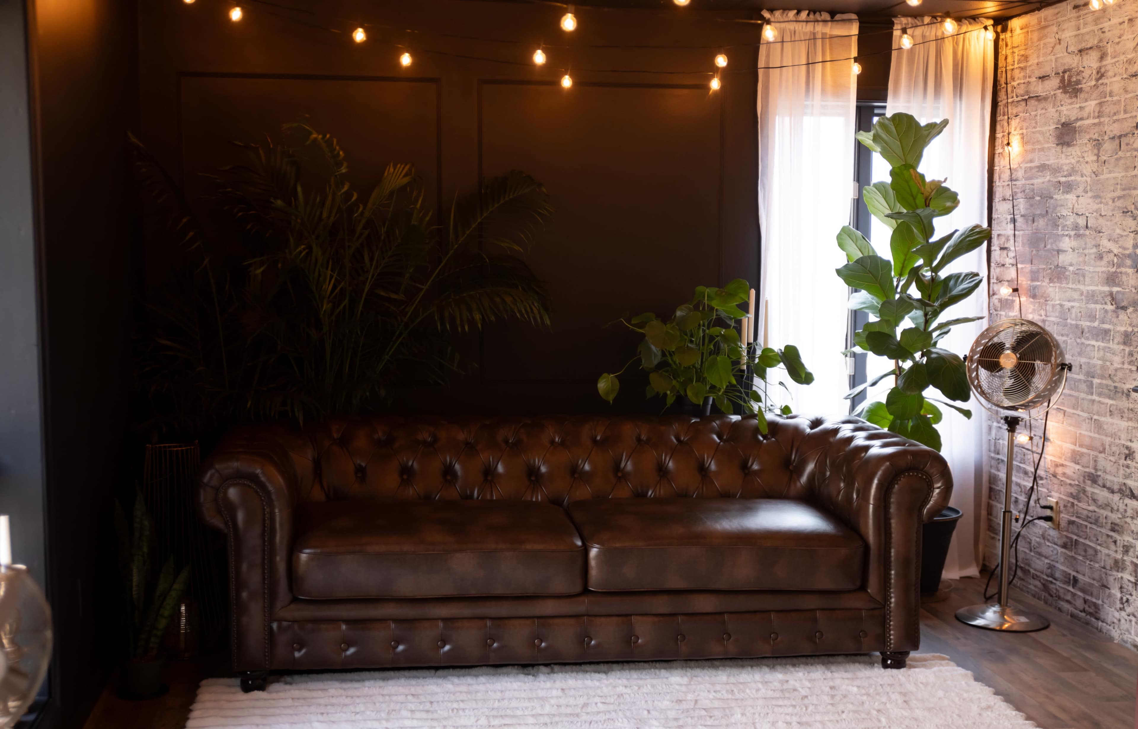 The image features a brown leather tufted sofa positioned in a stylish room with plants, string lights, and a window.