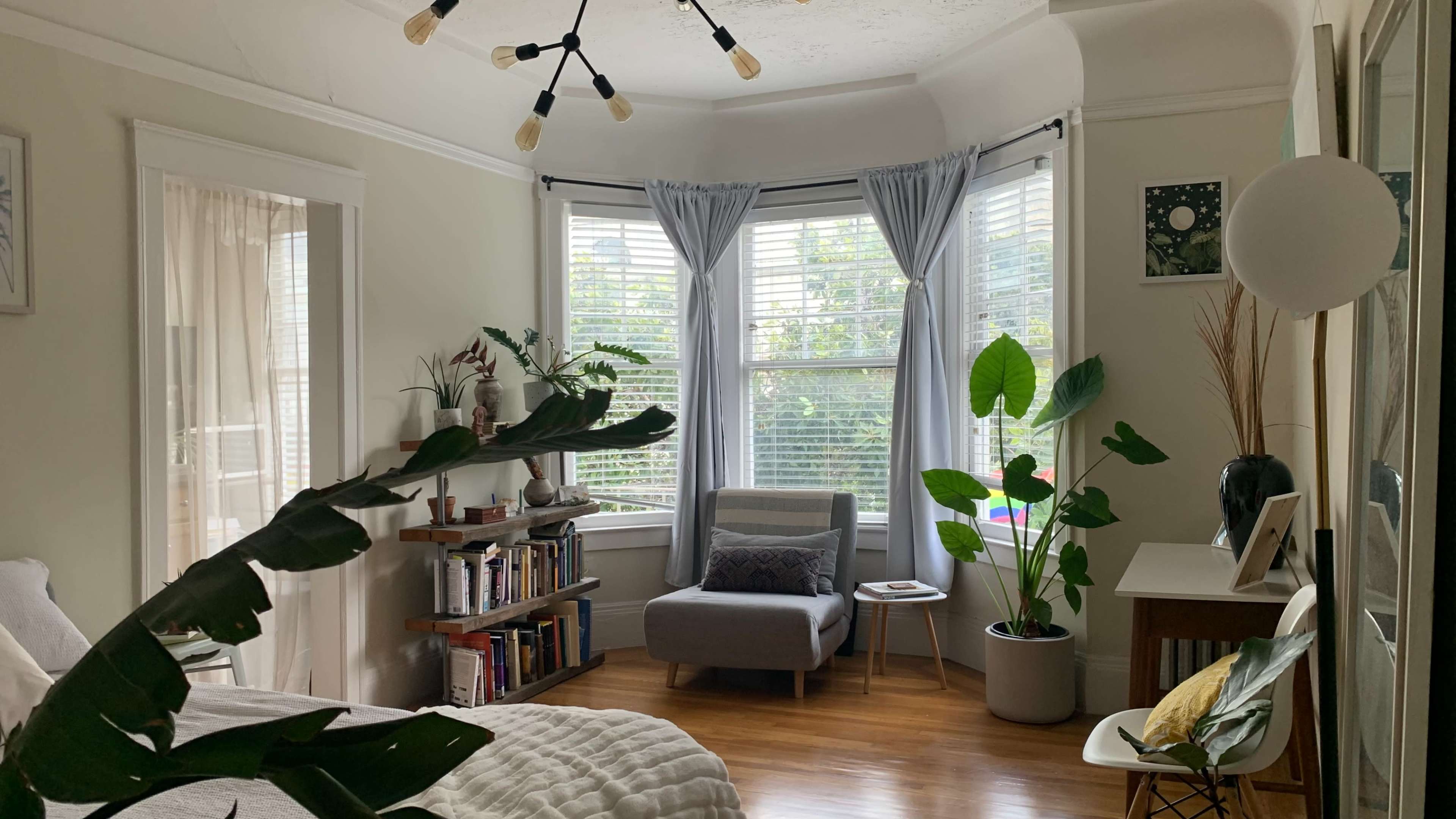 A bright room features a bay window with plants, a gray chair, a bookshelf, and a small table.