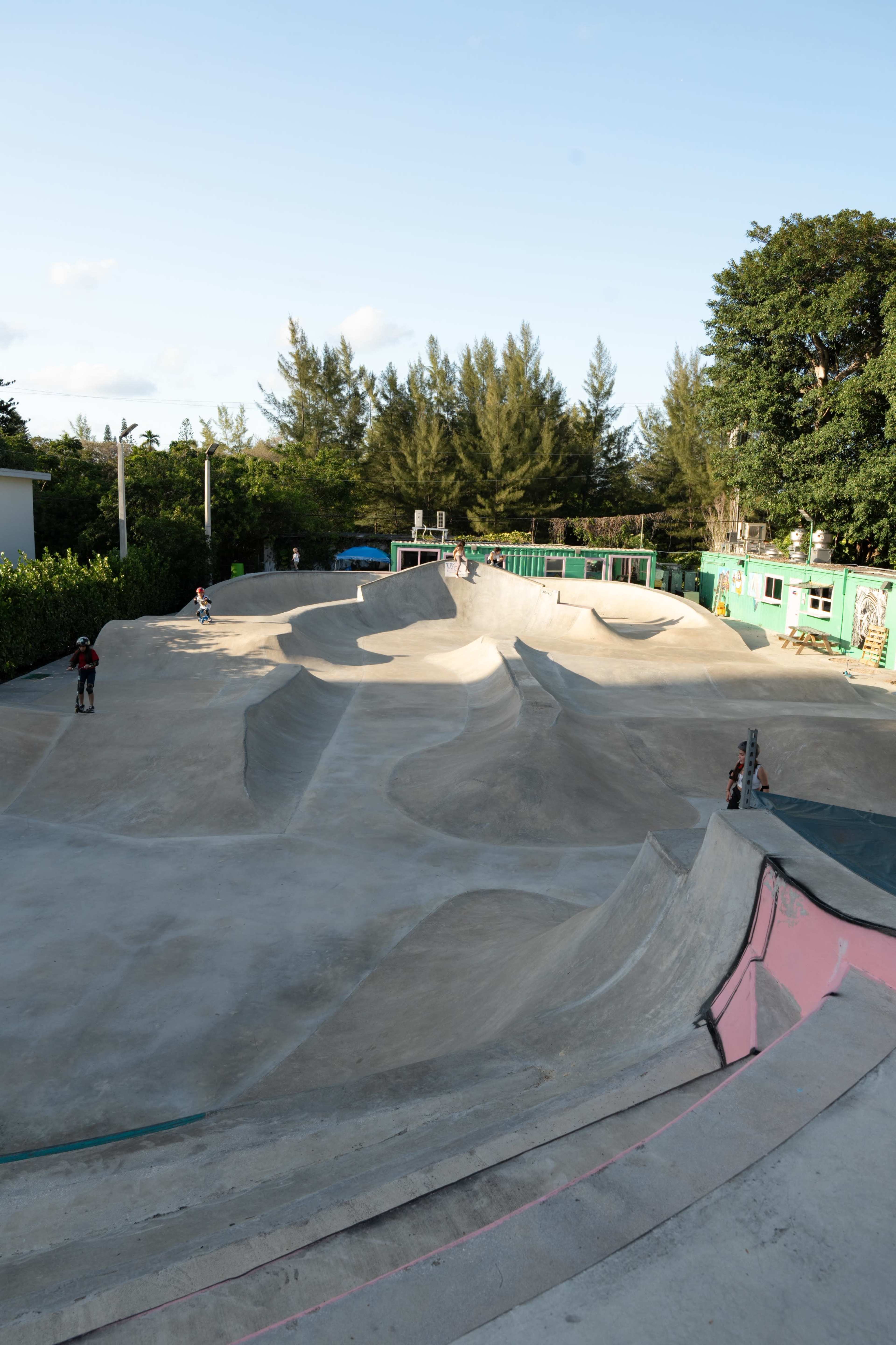 The image shows a concrete skatepark featuring various ramps and bowls, surrounded by trees and a green building in the background.