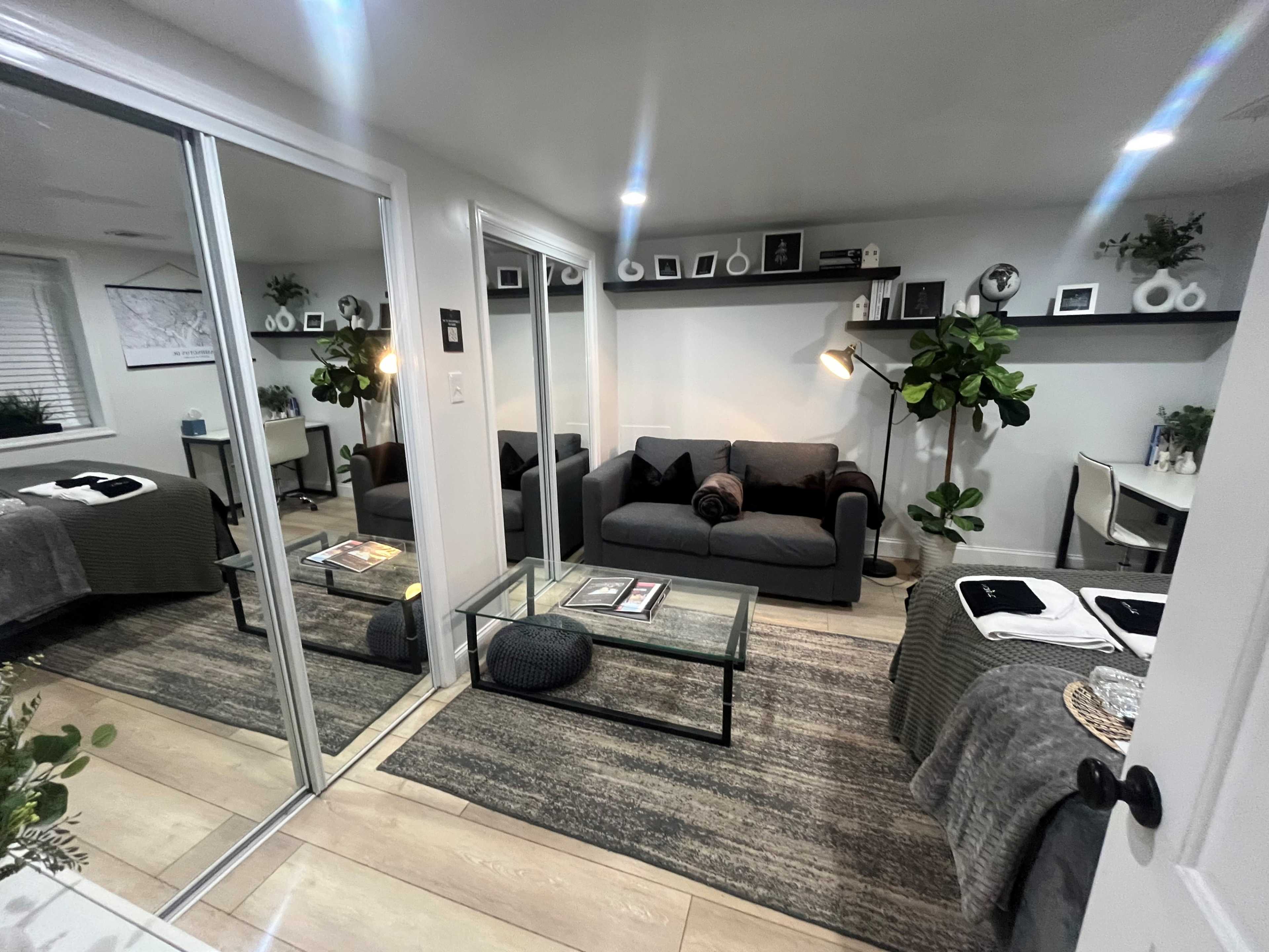 The image shows a small modern living space featuring a gray couch, a glass coffee table, and decorative plants, with mirrored closet doors reflecting the room.