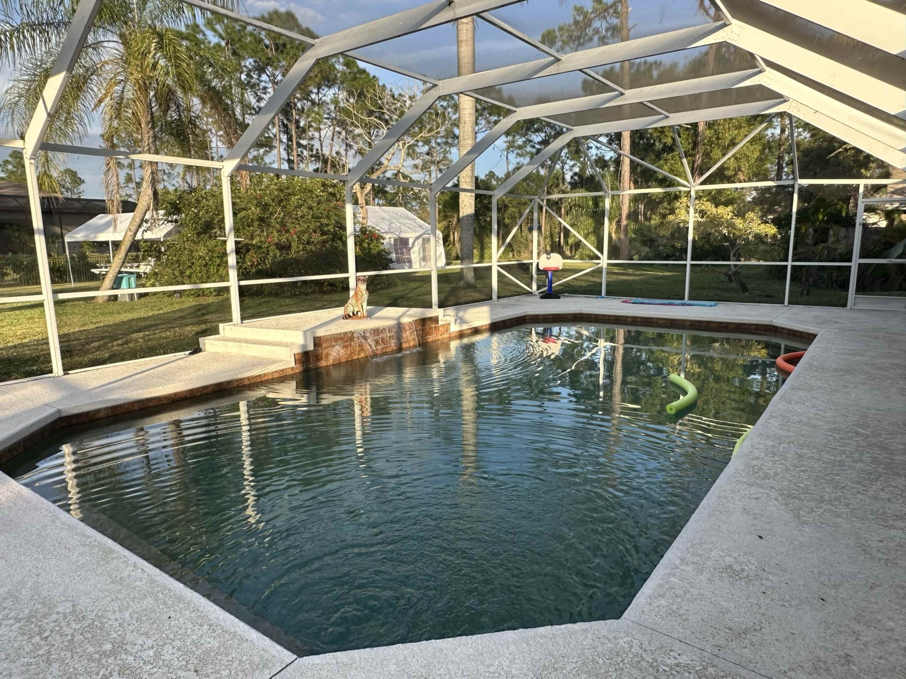 A screened-in pool area with a clear water pool, surrounded by greenery and a patio with steps leading into the water.