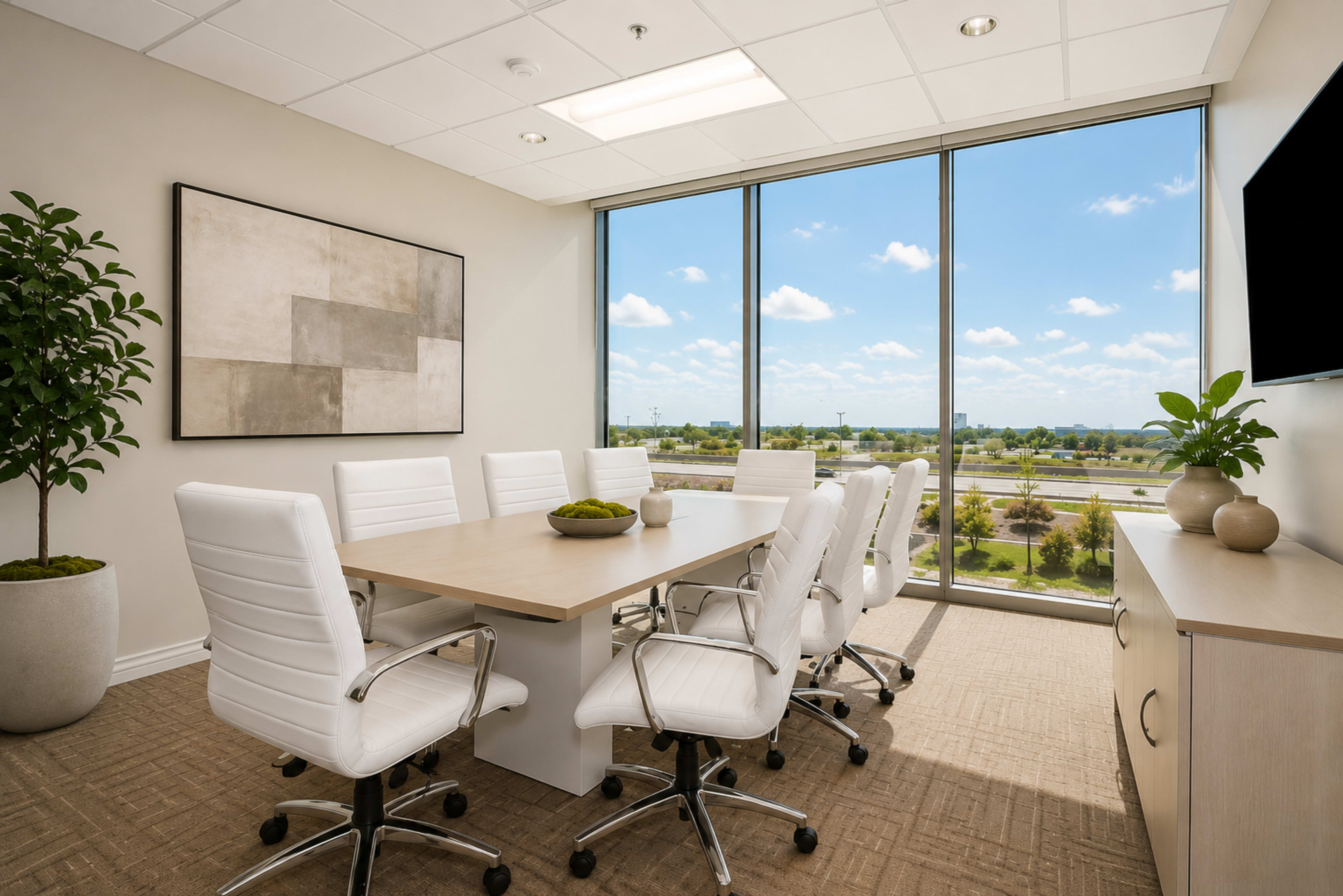 A modern conference room features a long wooden table surrounded by white swivel chairs, with large windows providing a view of a landscape under a cloudy sky.