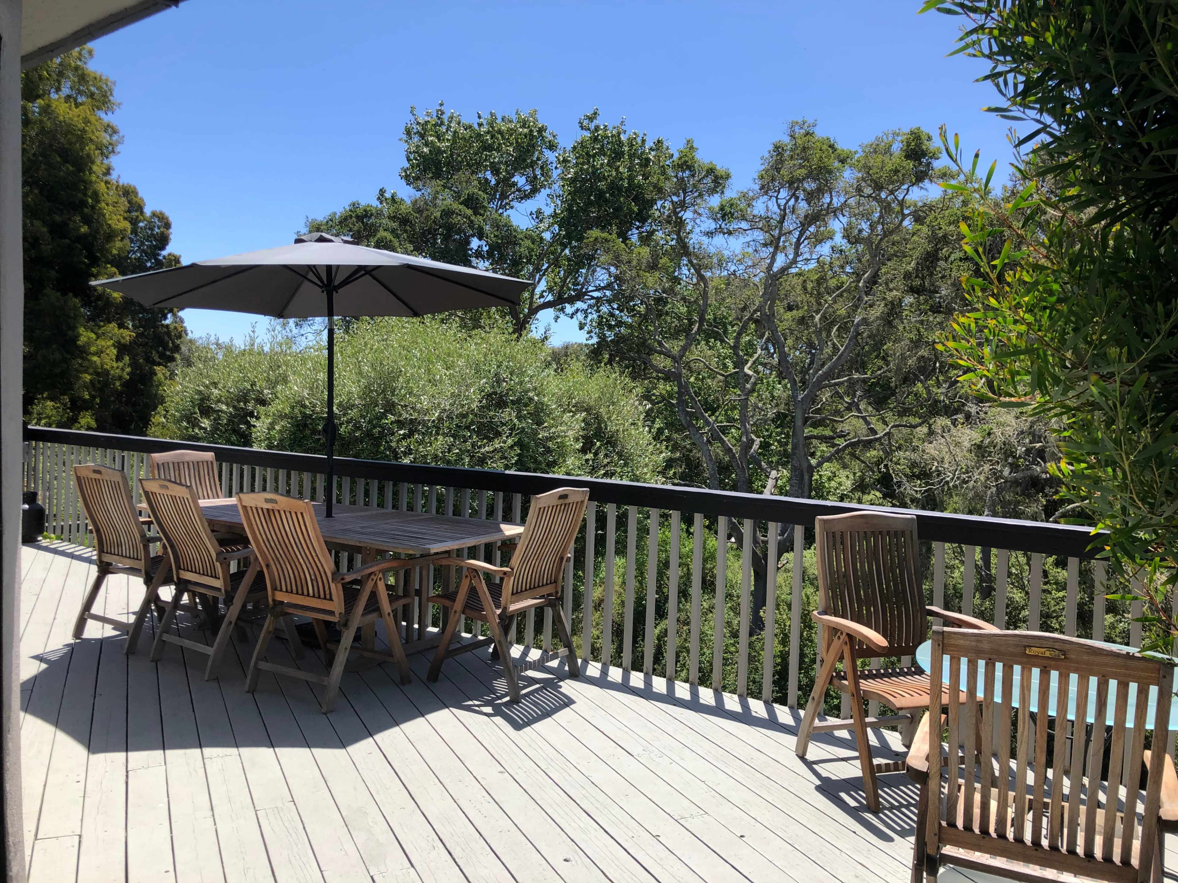A wooden deck features a dining table surrounded by chairs and an umbrella, with greenery visible in the background.